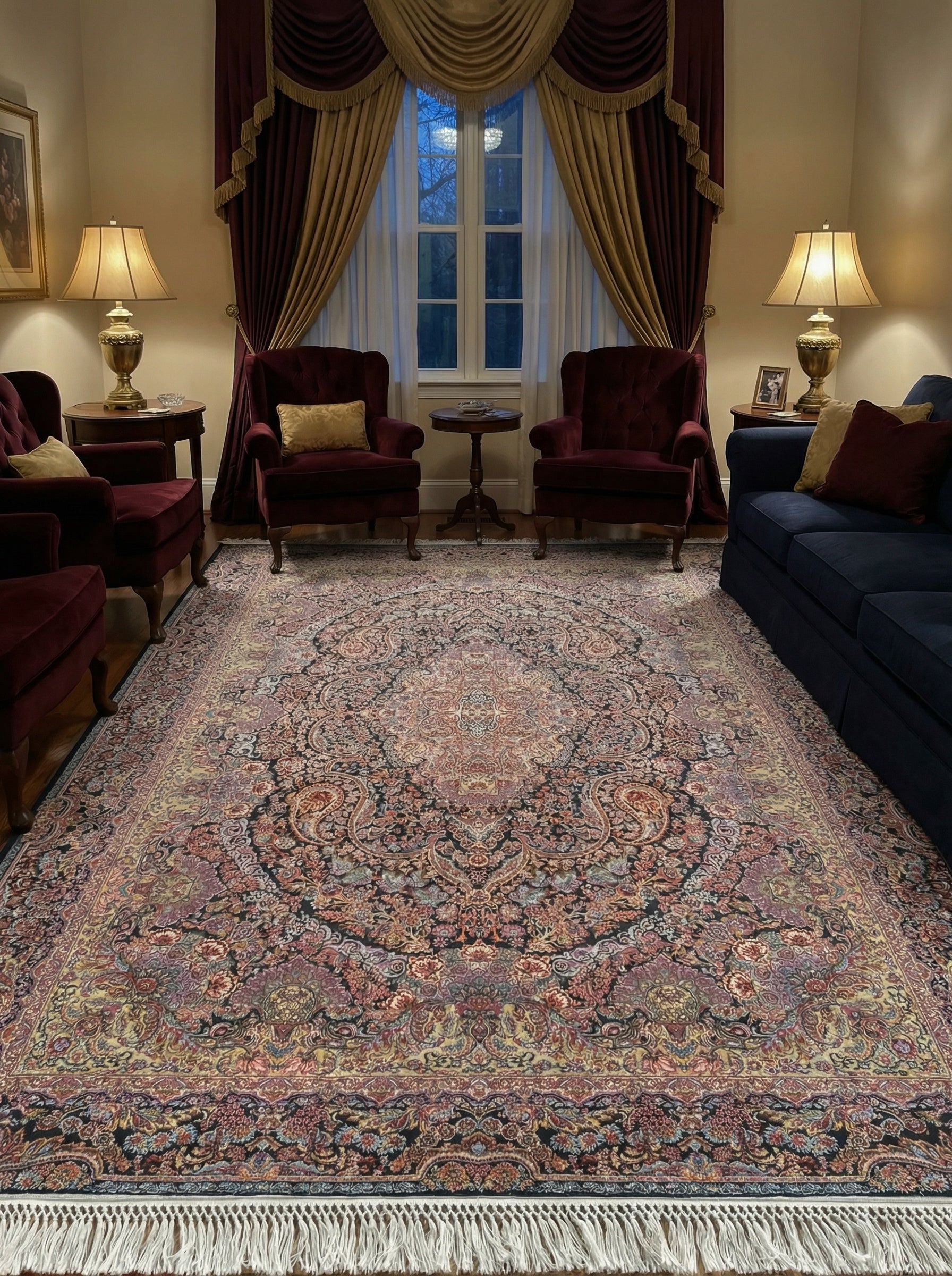 Grand tapis oriental rectangulaire à motifs floraux et médaillon central, tons rouges, or et noirs, franges claires, dans un salon élégant