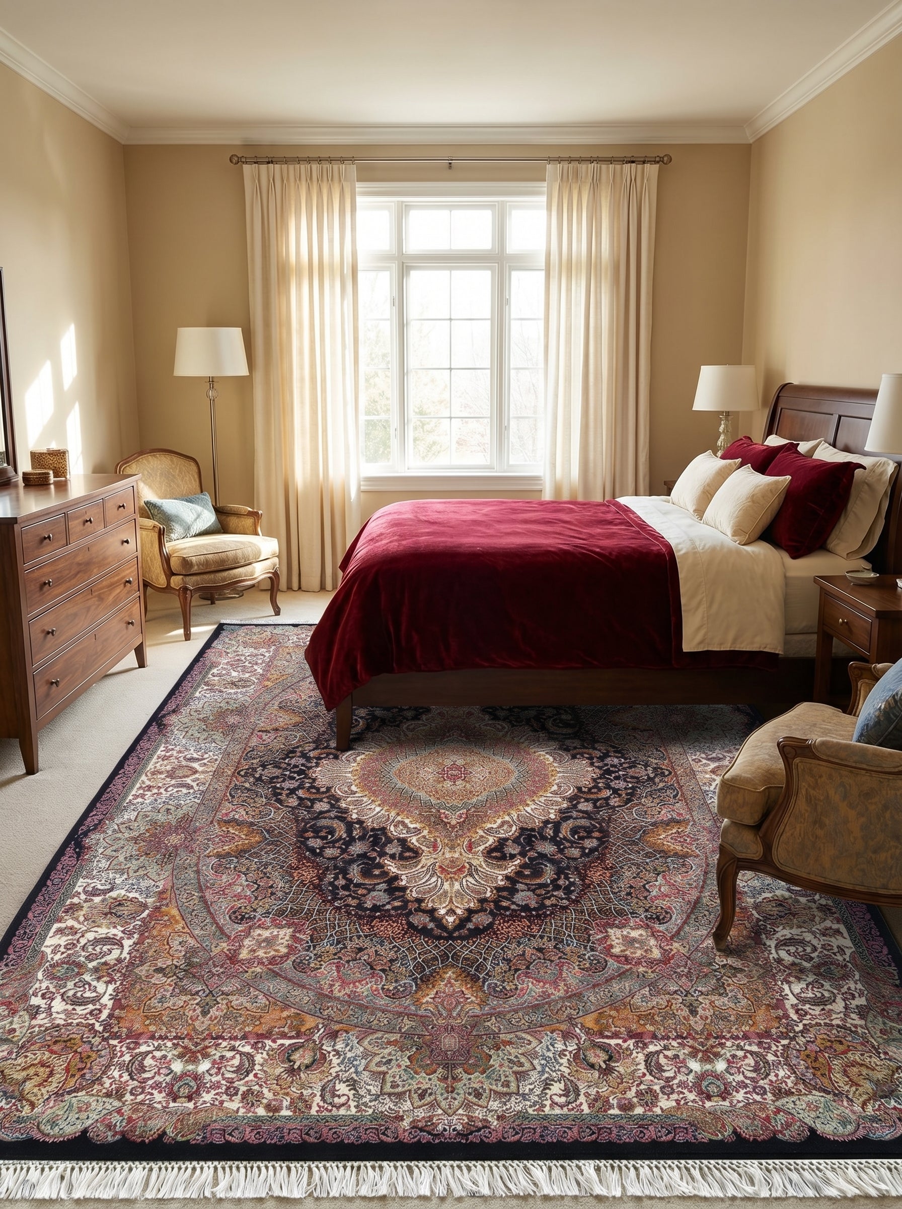 Tapis rectangulaire à motifs persans floraux bleu nuit, or, rouge et crème, bordé de franges, dans une chambre élégante