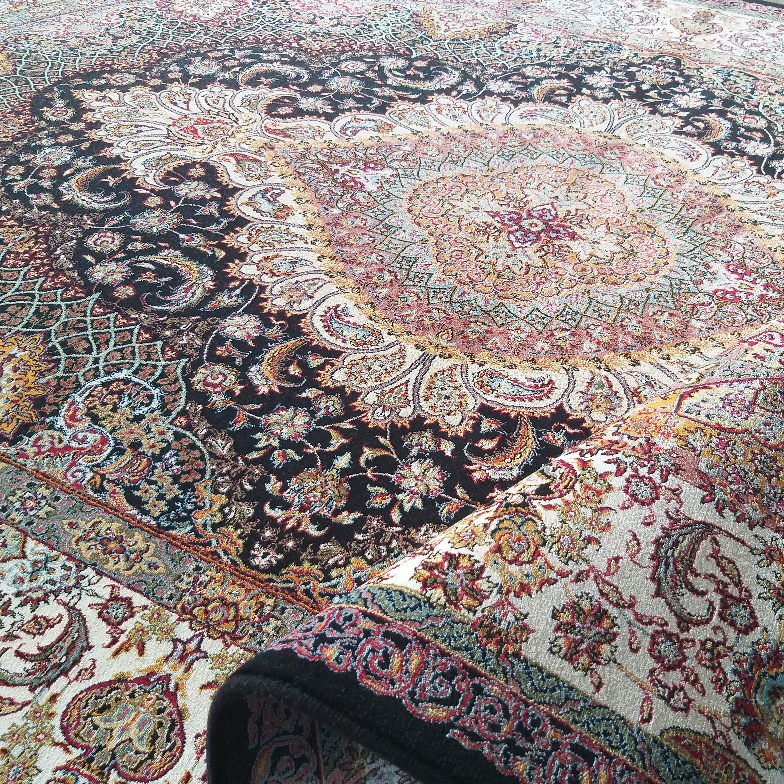 Tapis traditionnel aux motifs floraux et cachemire complexes, avec un fond noir et crème, rehaussé de rouge, or et bleu