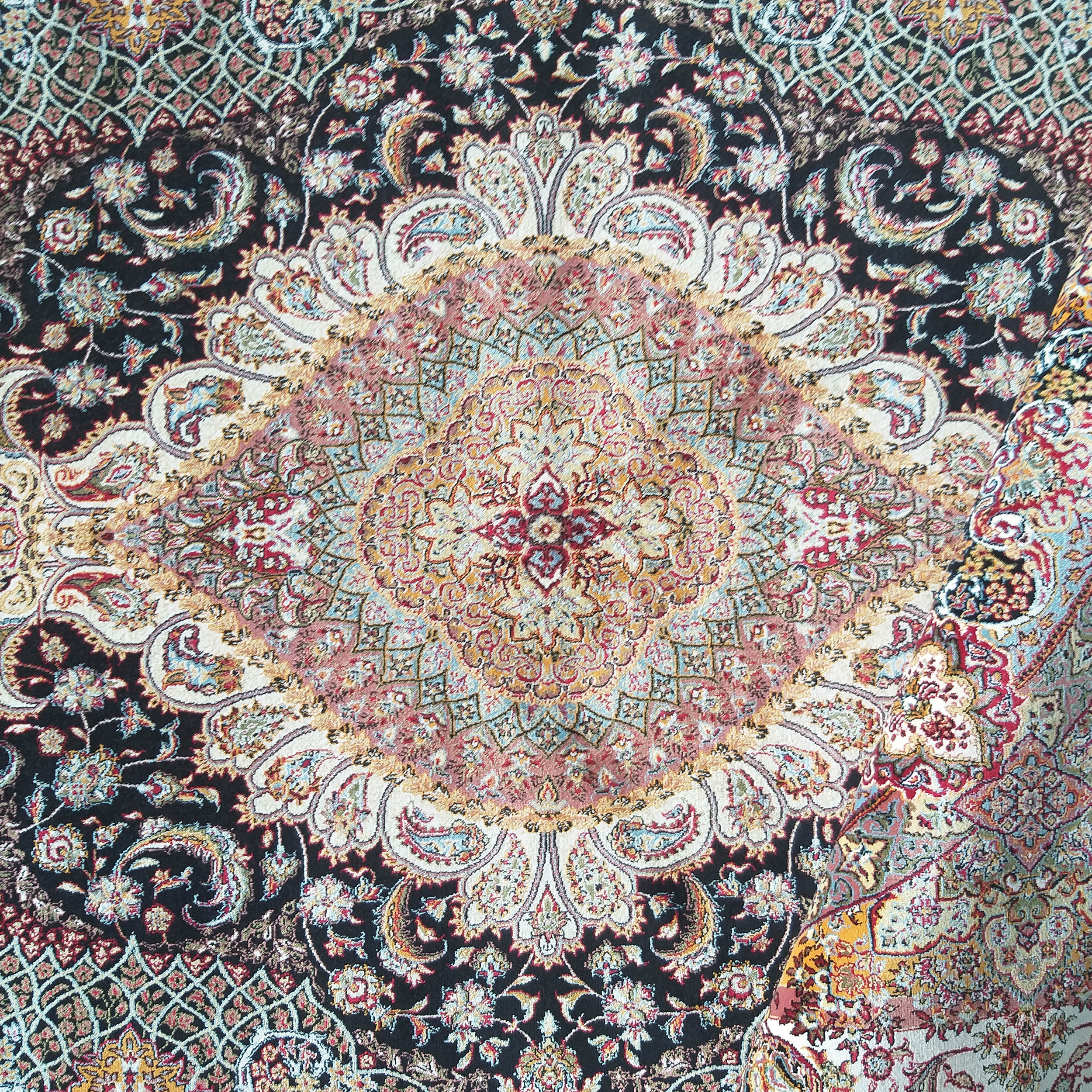 Tapis richement orné d'un grand médaillon central et de motifs floraux persans complexes, aux couleurs noir, rouge, or et crème