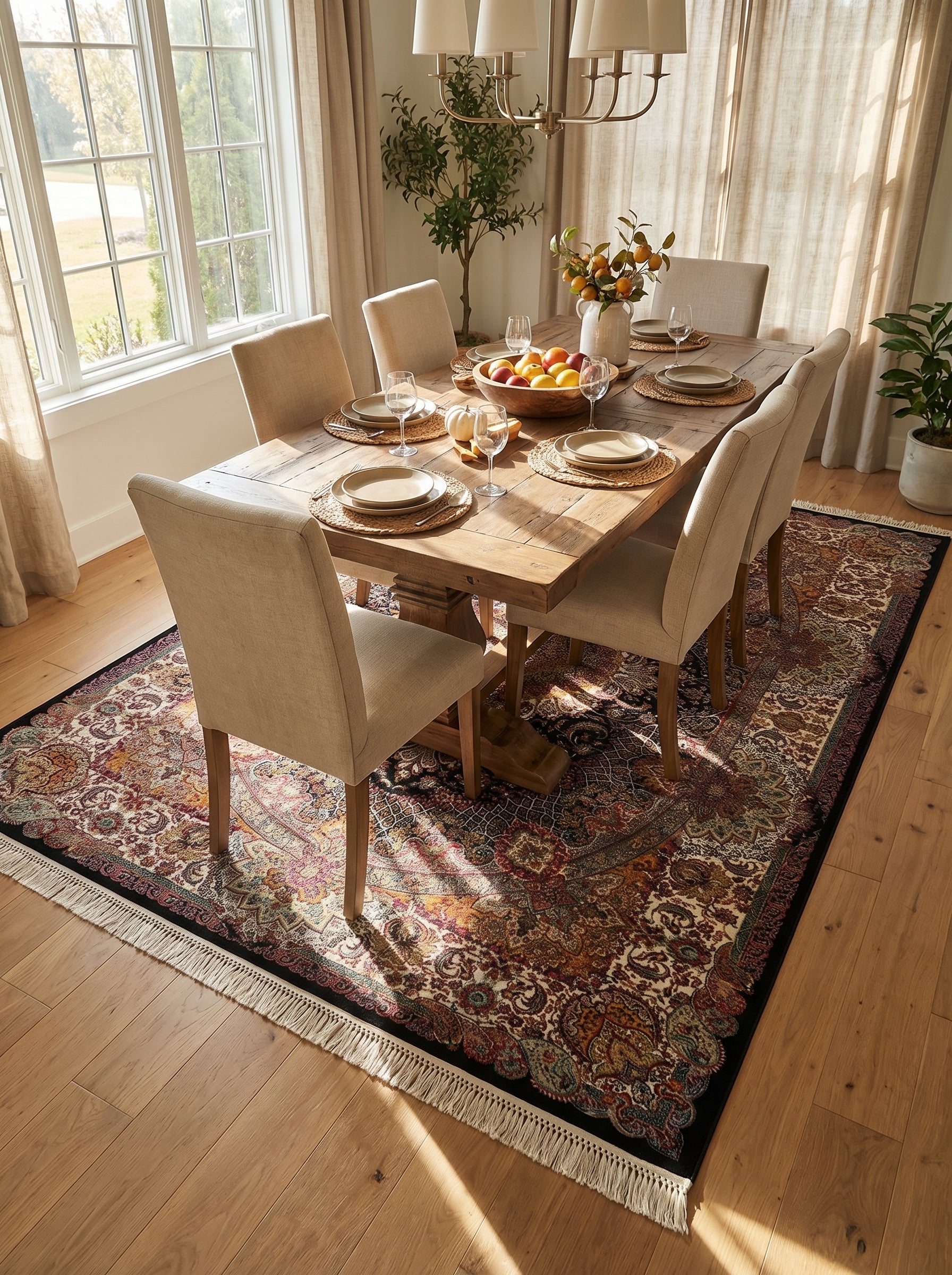 Tapis rectangulaire à motifs floraux et cachemire complexes, en bordeaux, or, crème et noir, avec des franges, sous une table de salle à manger