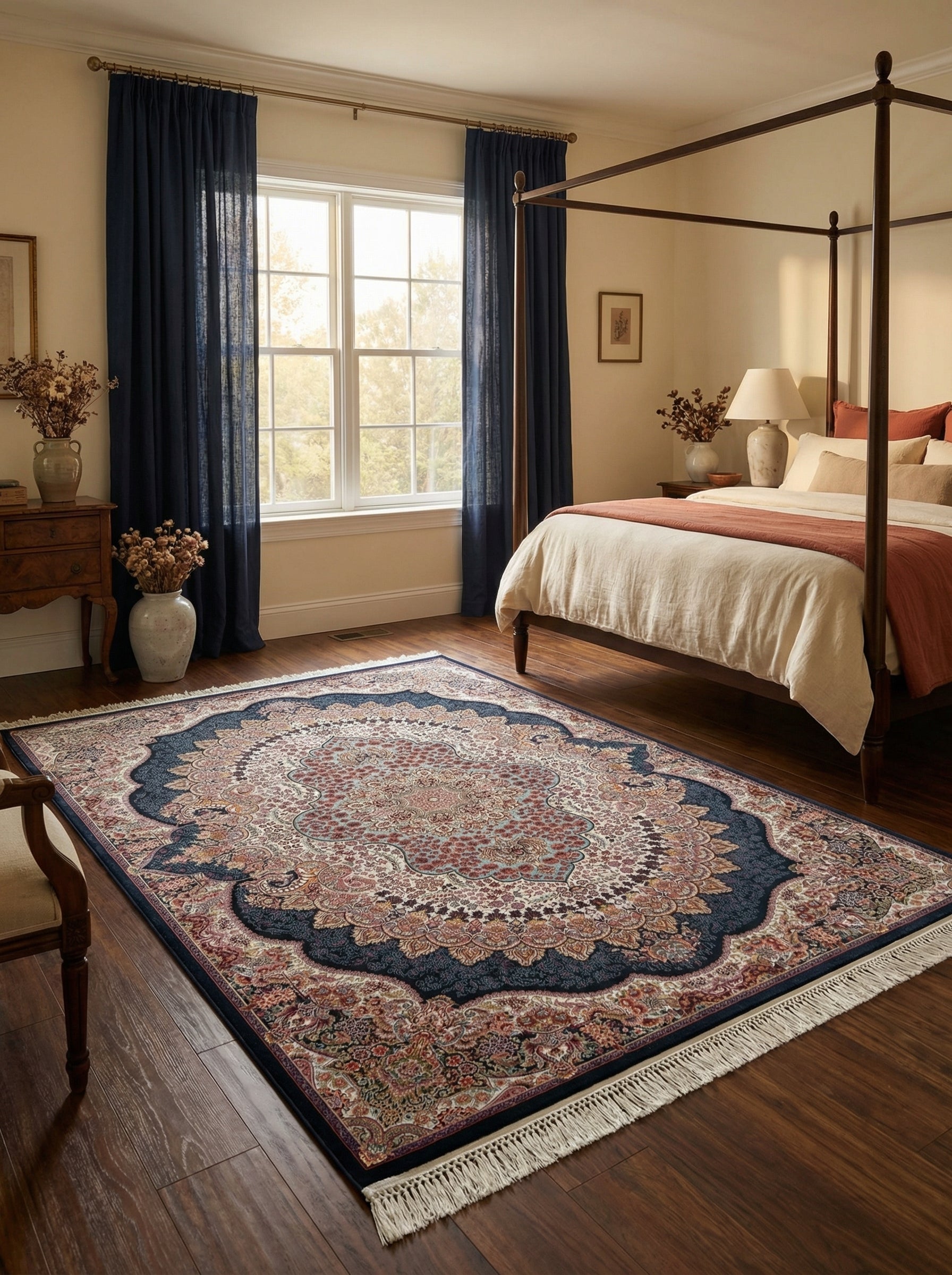 Tapis rectangulaire persan aux motifs floraux complexes crème, rouge, or et bleu marine, avec un grand médaillon central, posé sur un parquet dans une chambre