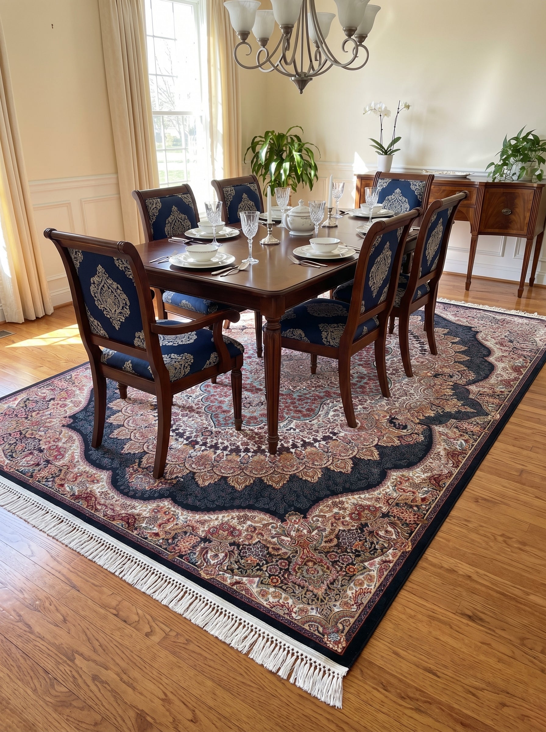 Tapis rectangulaire de style persan à motifs floraux complexes noirs, rouges, or et beiges, avec des franges, dans une salle à manger
