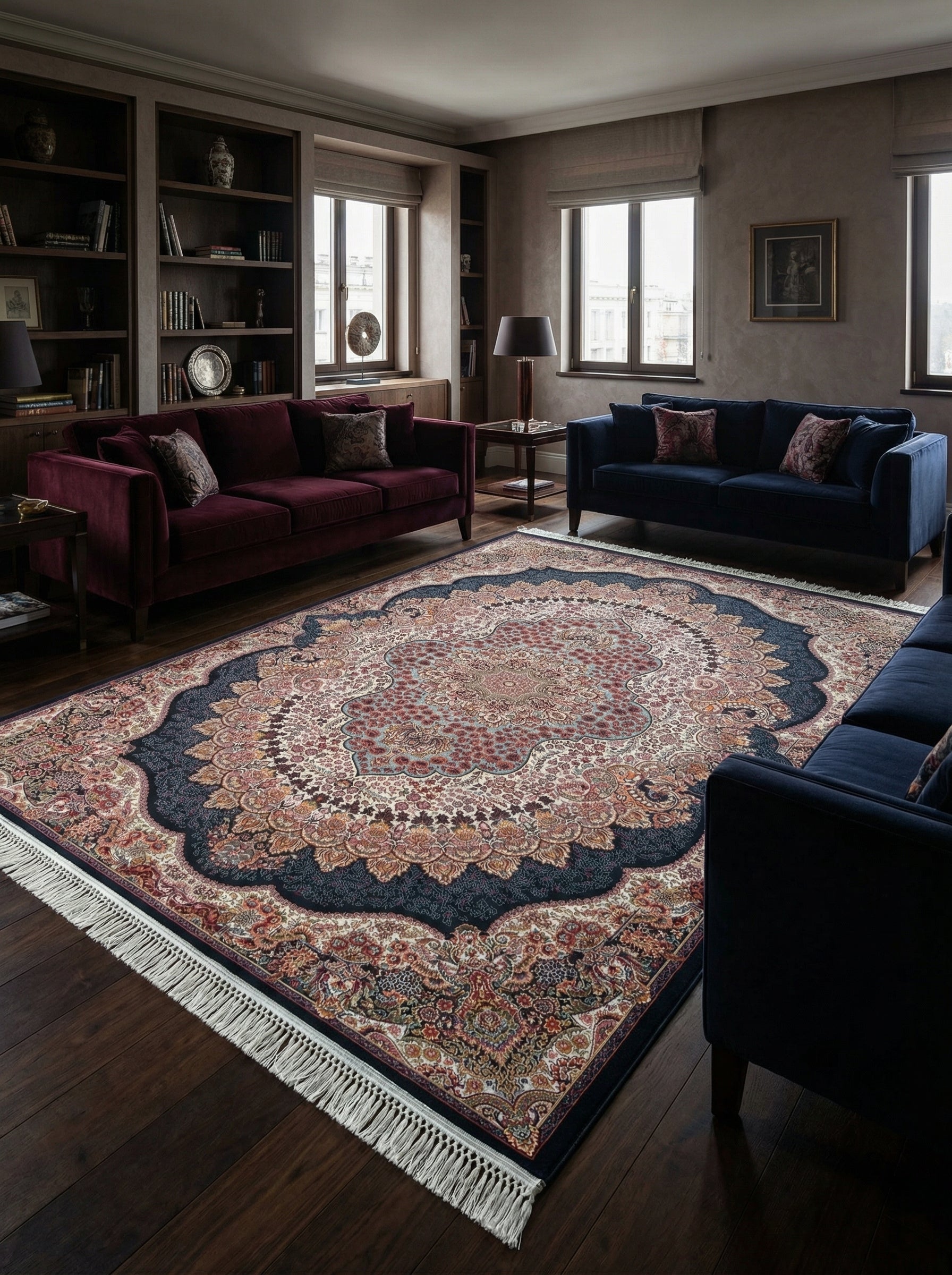 Tapis rectangulaire d'inspiration persane crème, rouge et bleu marine à motifs floraux, à franges, dans un salon