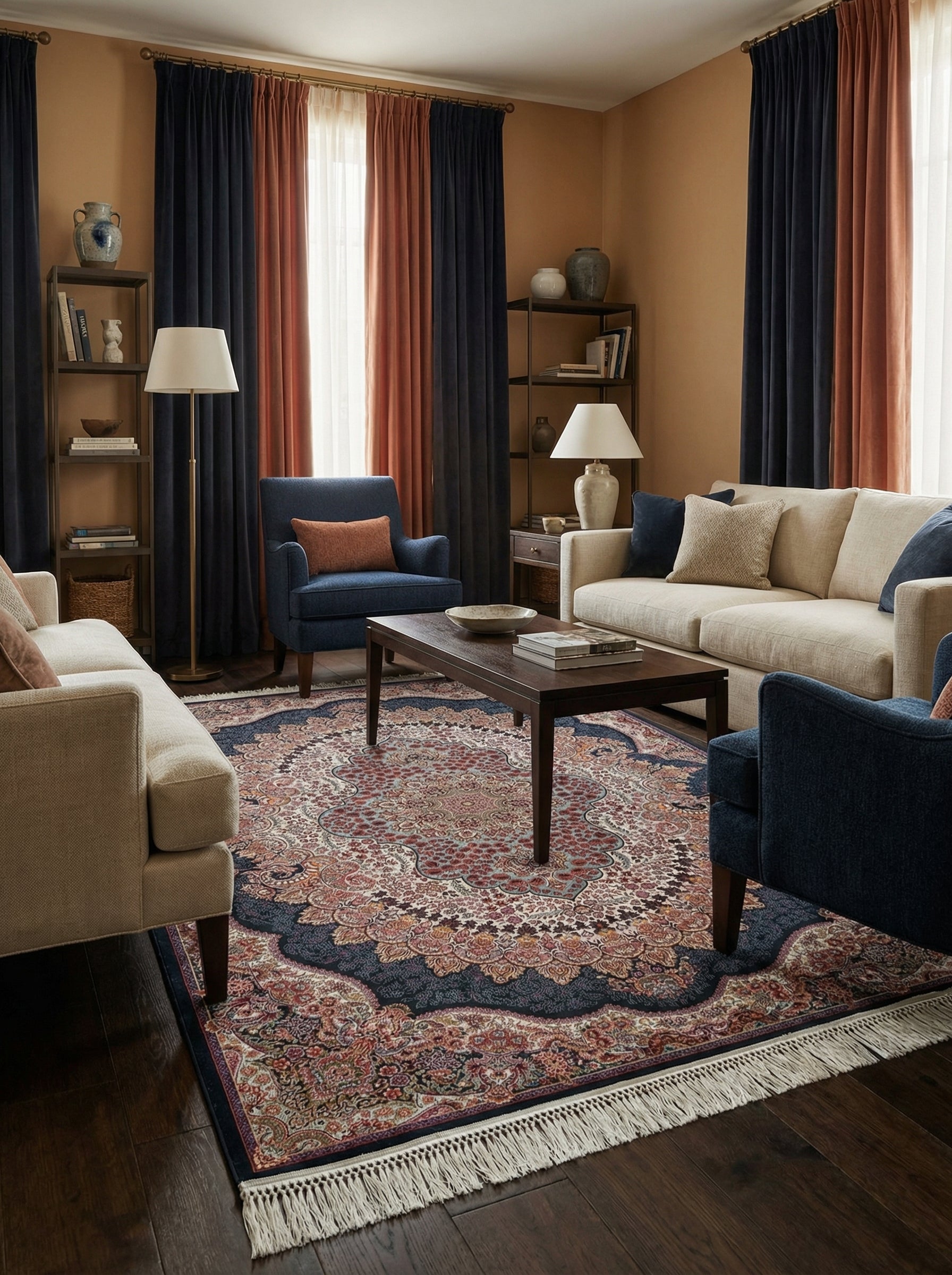 Tapis rectangulaire d'inspiration persane aux riches motifs floraux et médaillon central, mêlant rouge, bleu marine et crème avec des franges, sur parquet dans un salon chaleureux