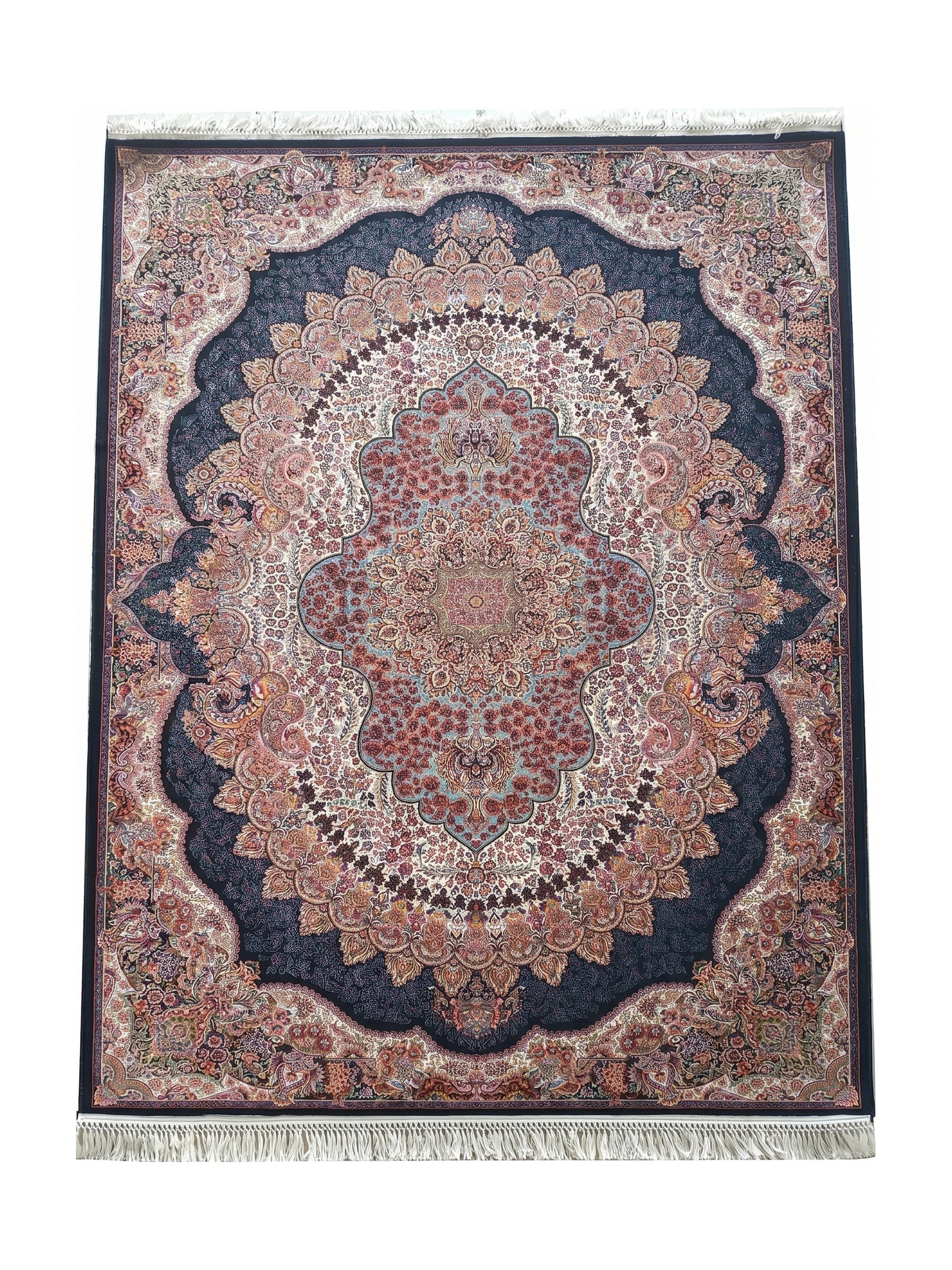 Tapis orné de motifs floraux rouges et polychromes, avec un grand médaillon central bleu foncé sur un fond crème et des franges
