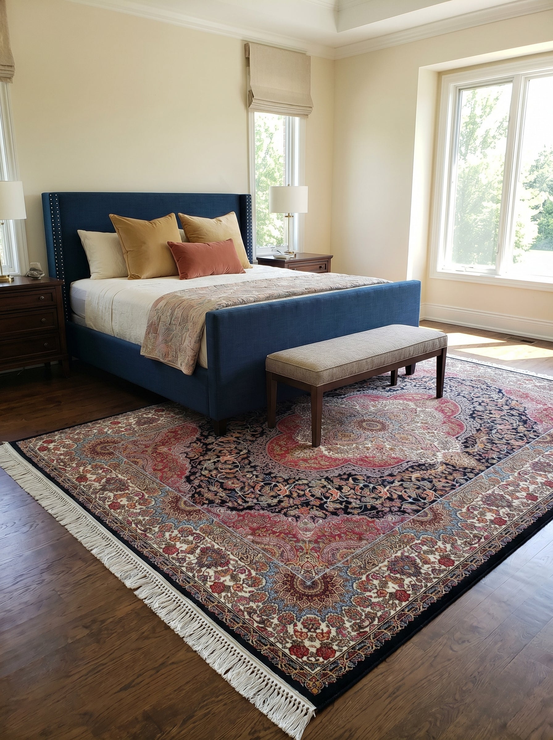Tapis persan rectangulaire aux riches motifs floraux rouges, bleus et beiges, avec médaillon central et franges, au sol d'une chambre élégante