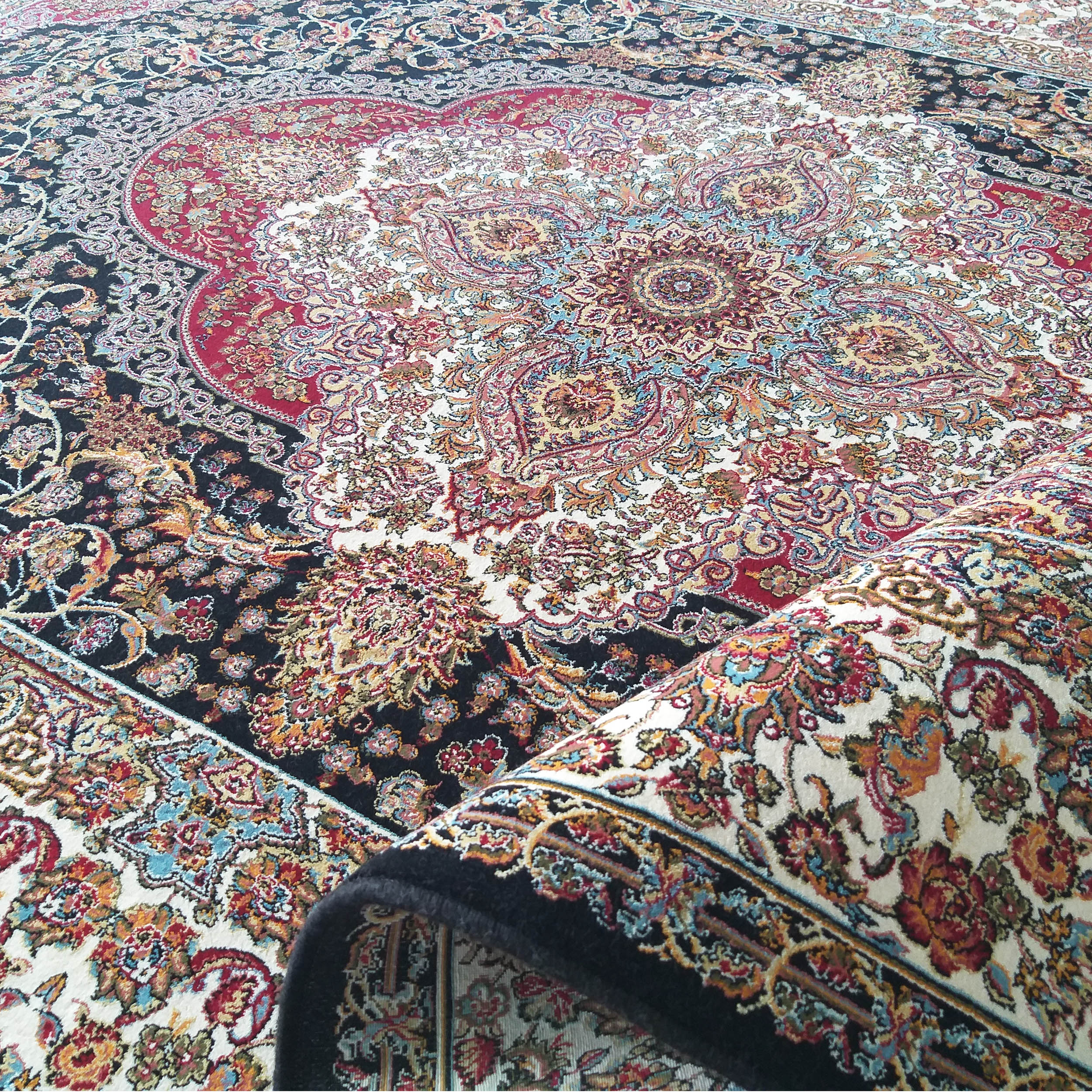 Tapis à motifs floraux et arabesques détaillés, médaillon central, en noir, crème, rouge et or. Le tapis est partiellement roulé