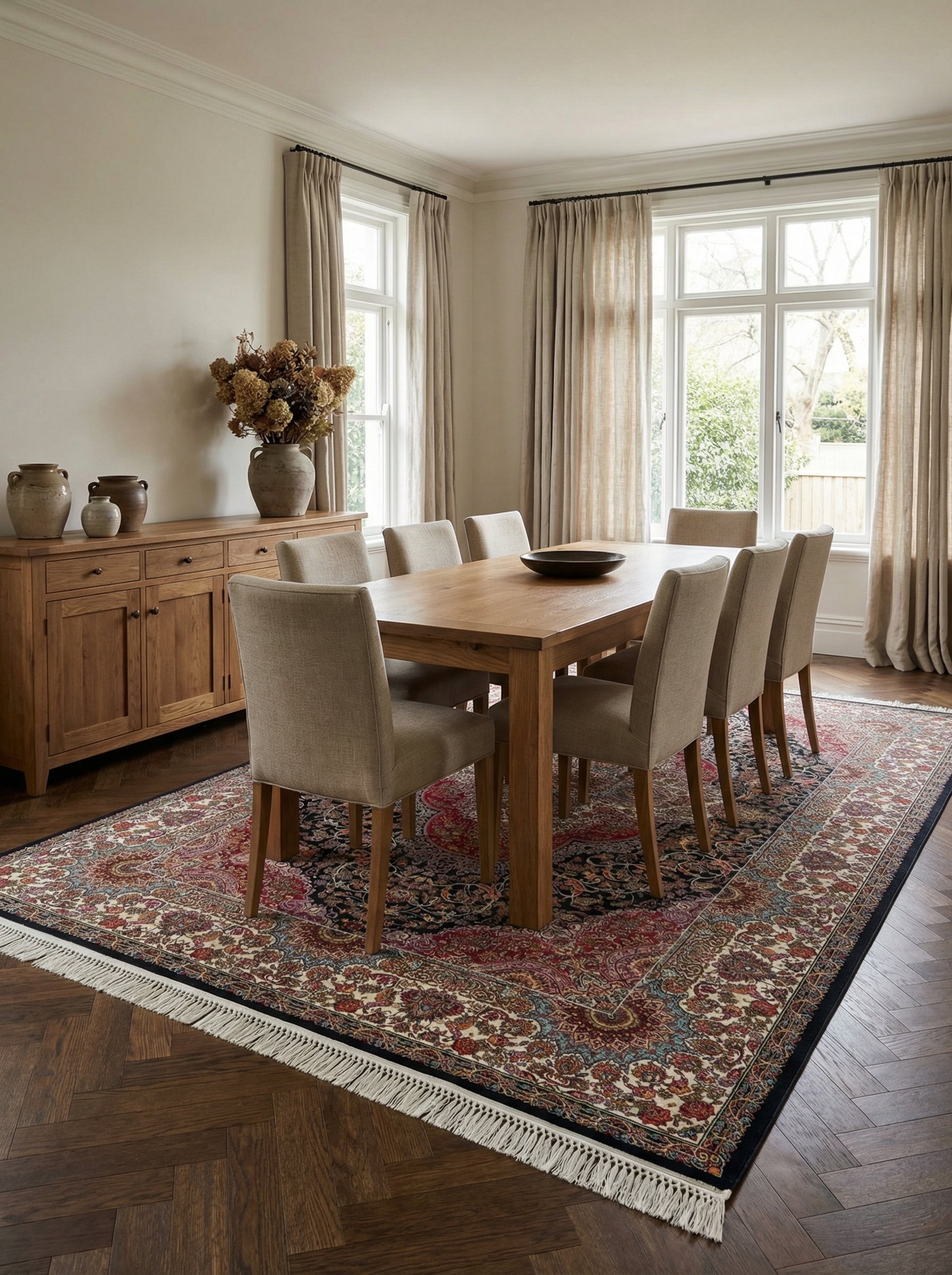 Tapis rectangulaire aux motifs floraux et cachemire rouge bordeaux, noir et crème avec bordures, posé dans une salle à manger