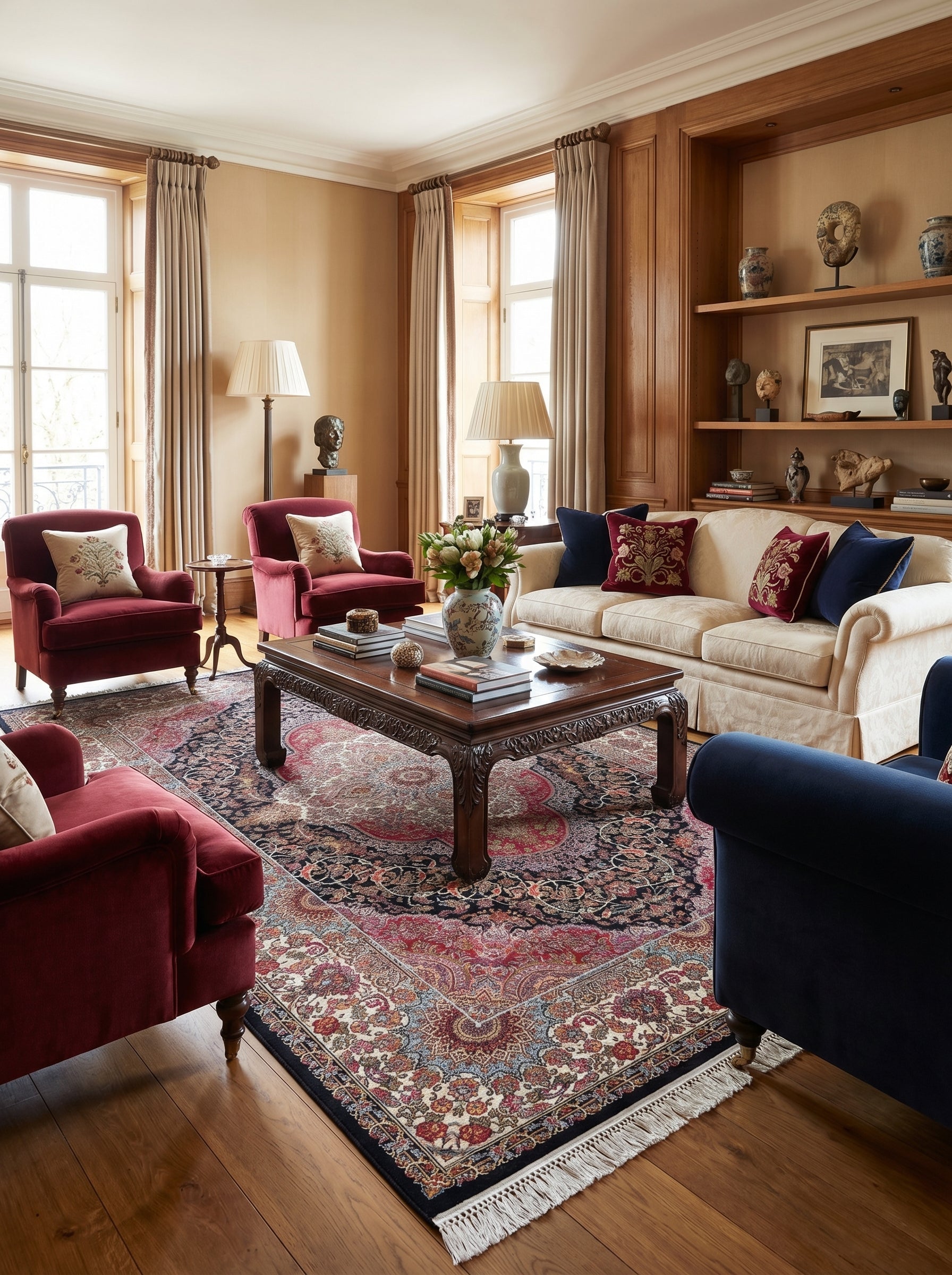 Grand tapis persan rectangulaire aux motifs floraux et cachemire en rouge, bleu marine et crème, avec franges, dans un salon élégant