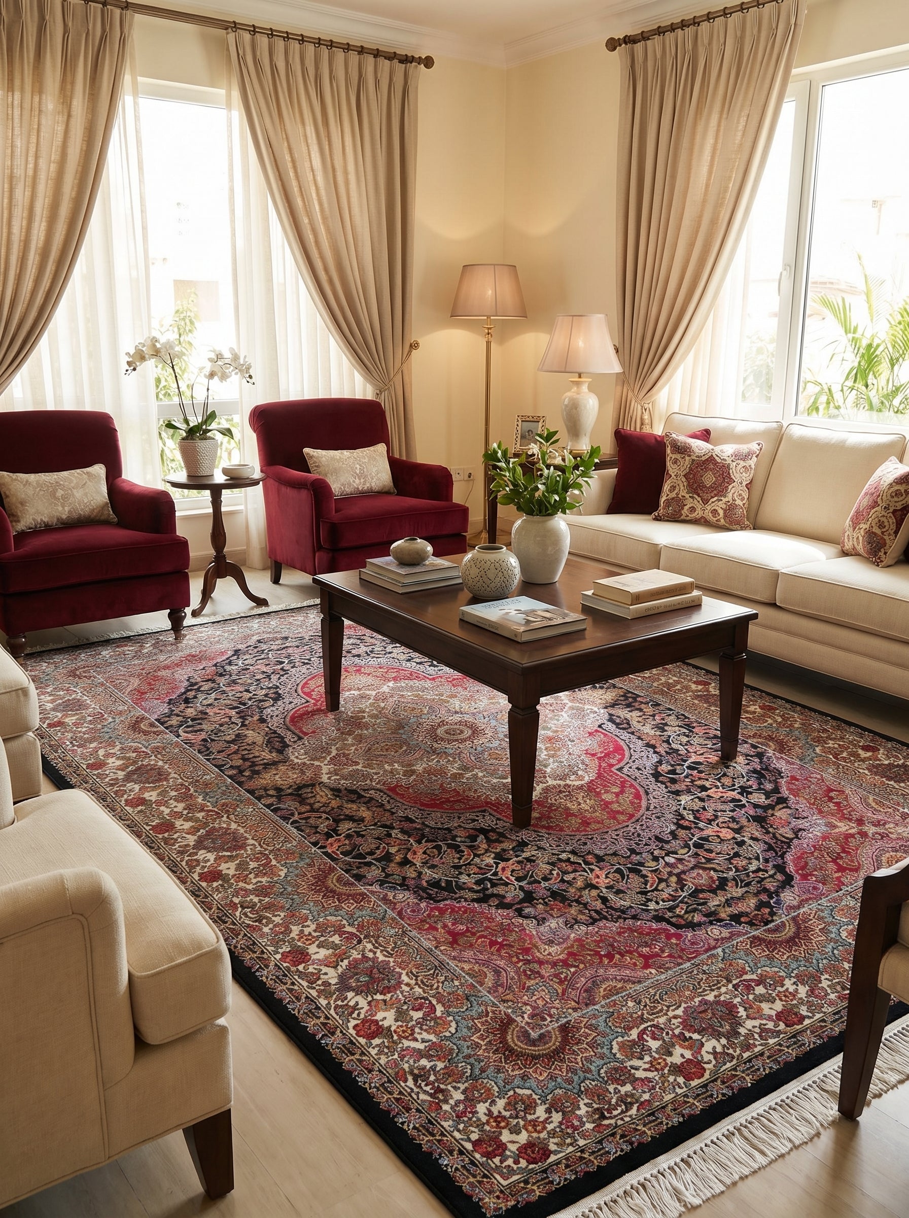 Grand tapis rectangulaire aux motifs floraux orientaux rouges, noirs et crèmes, avec franges, posé dans un salon élégant