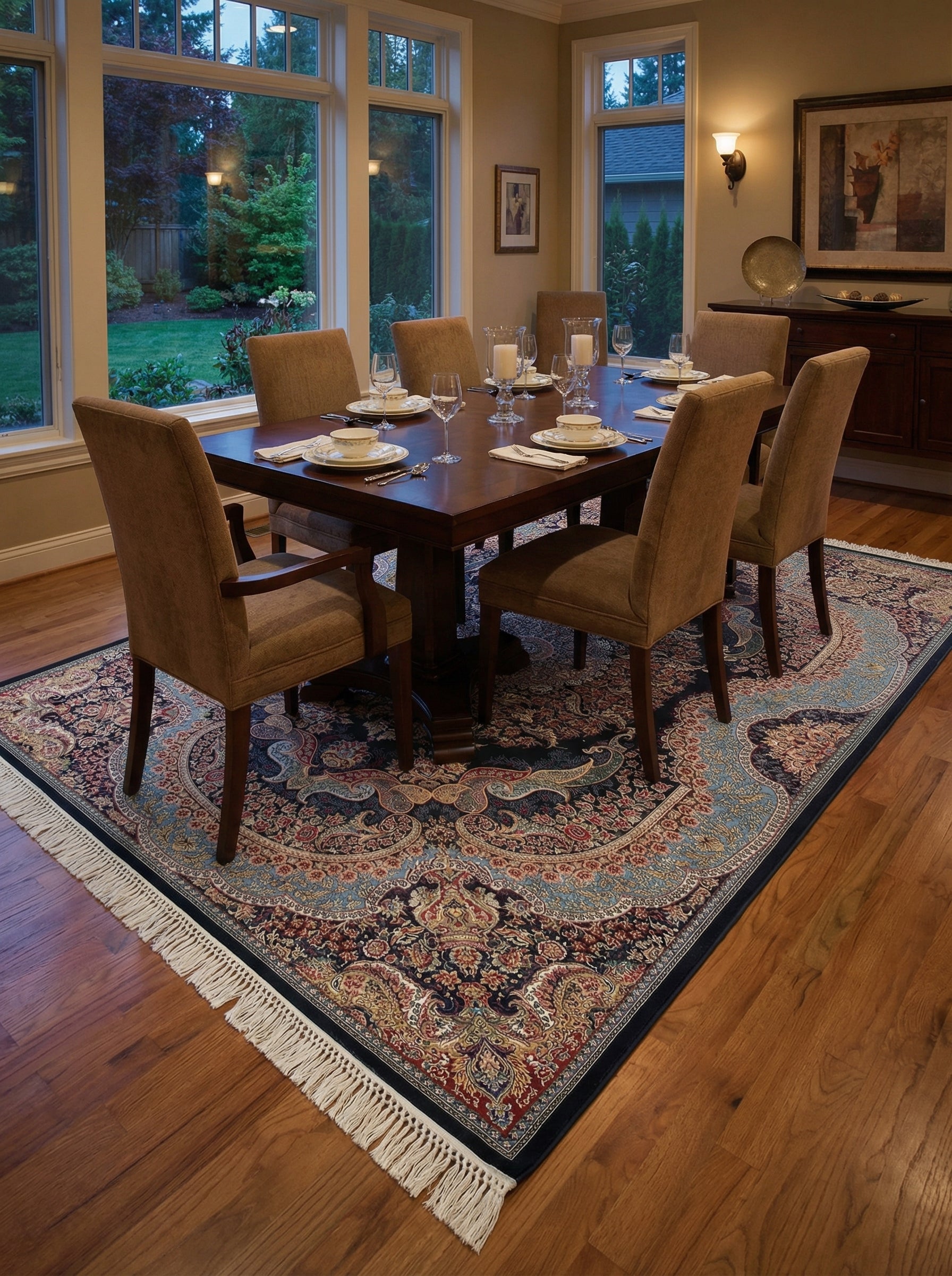 Grand tapis rectangulaire aux motifs floraux et cachemire ornés en bleu marine, rouge bordeaux et ocre, avec franges, dans une élégante salle à manger