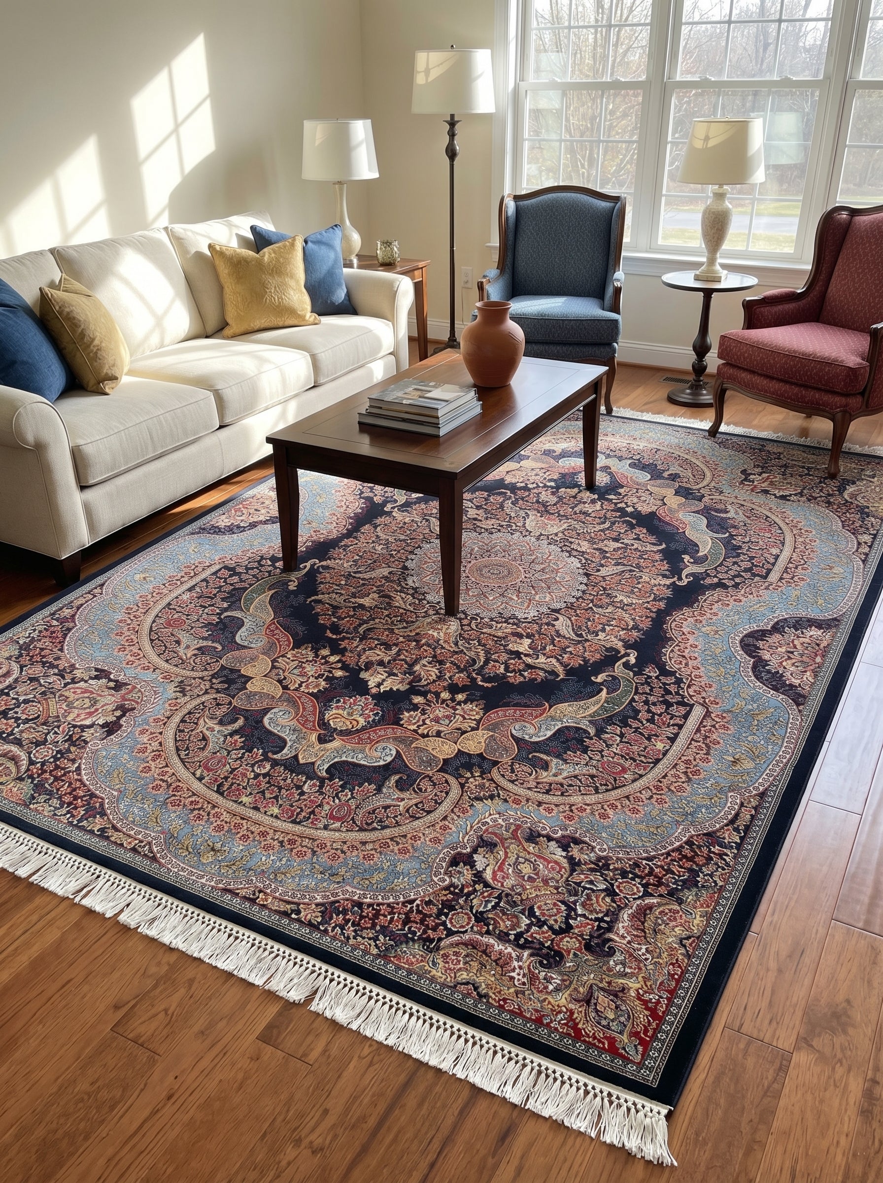 Tapis rectangulaire bleu marine à motifs floraux et cachemire complexes rouges, or, bleus clairs, avec franges, dans un salon ensoleillé