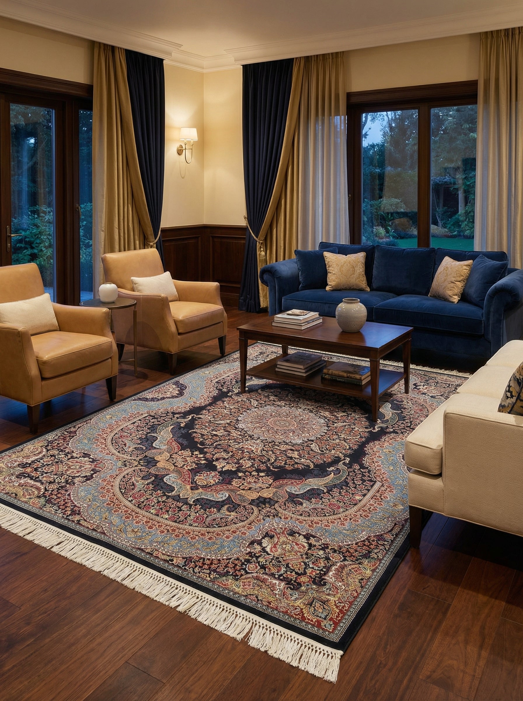 Tapis rectangulaire à motifs orientaux détaillés bleu nuit, or, rouge et turquoise, avec franges crème, dans un salon décoré