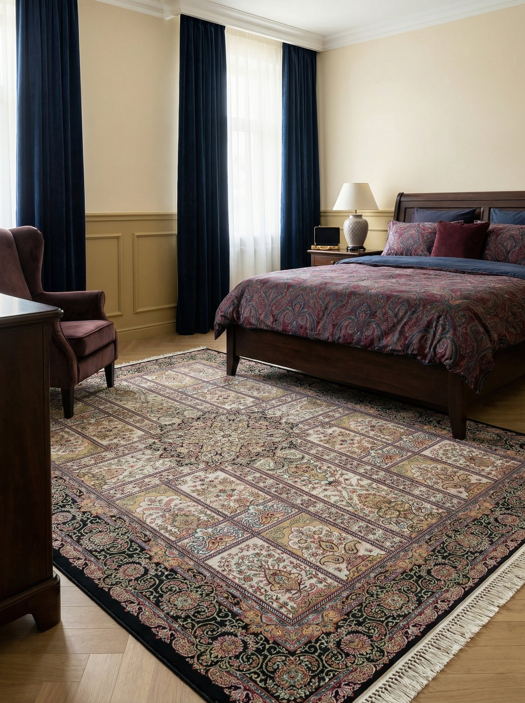 Grand tapis rectangulaire à motifs persans floraux et paisley complexes, bordure noire et franges, couleurs crème, or, bordeaux et vert, dans une chambre