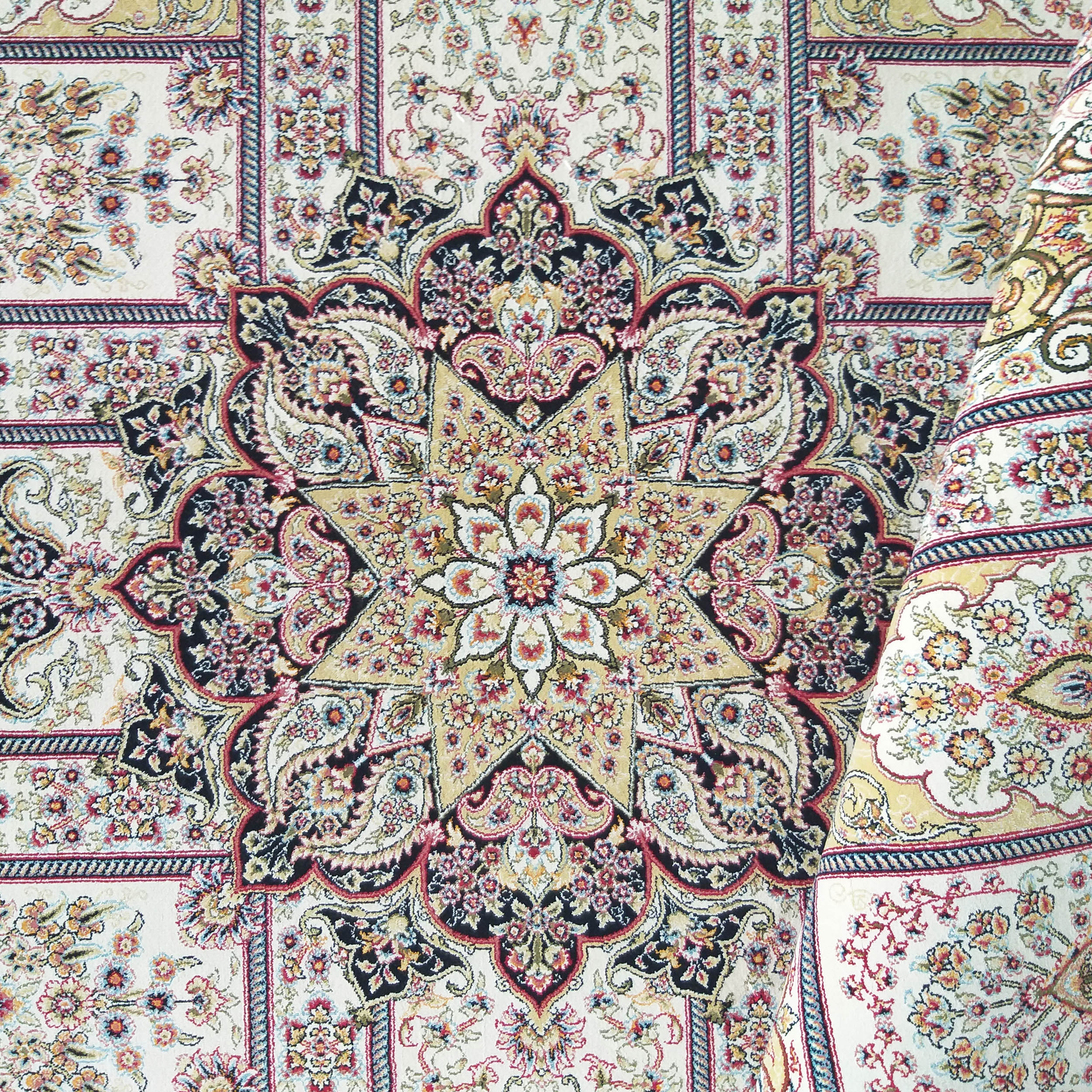 Tapis crème à motifs floraux complexes et grand médaillon central. Présente des teintes de noir, rouge, doré et bleu