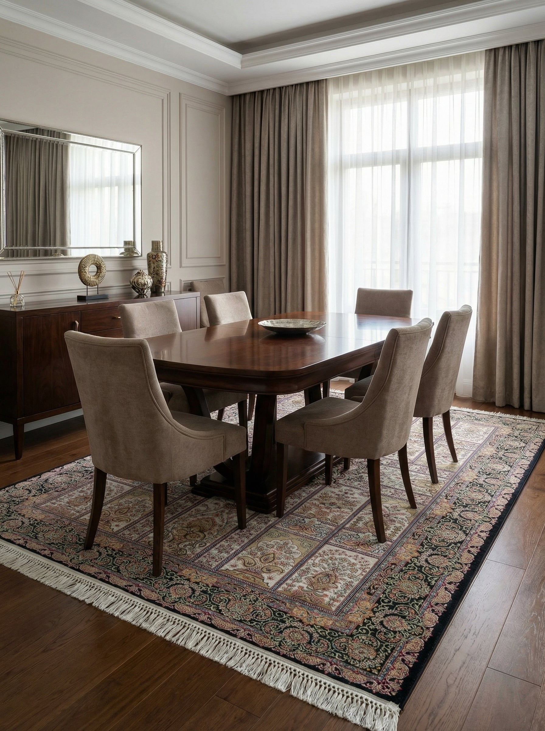 Tapis rectangulaire beige clair à motifs floraux et paisley multicolores, bordure noire ornée, franges claires dans une salle à manger élégante