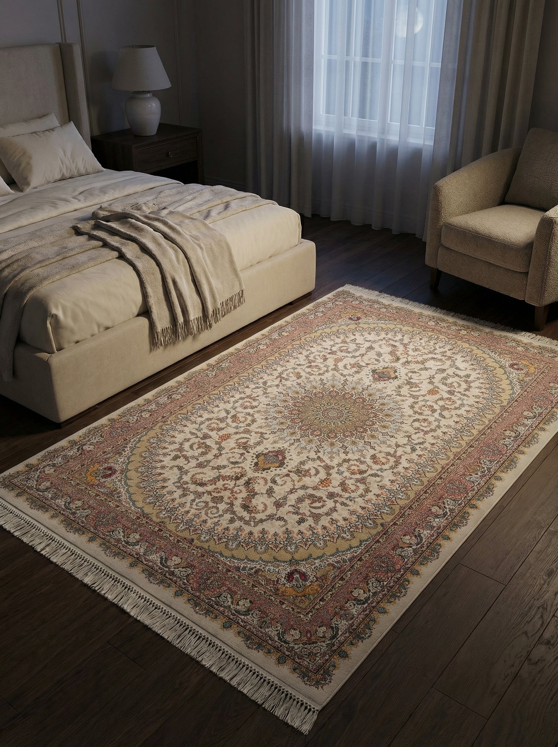 Tapis rectangulaire crème à motifs floraux traditionnels et médaillon central, avec une bordure ornée de rouge, or et bleu, sur un parquet dans une chambre