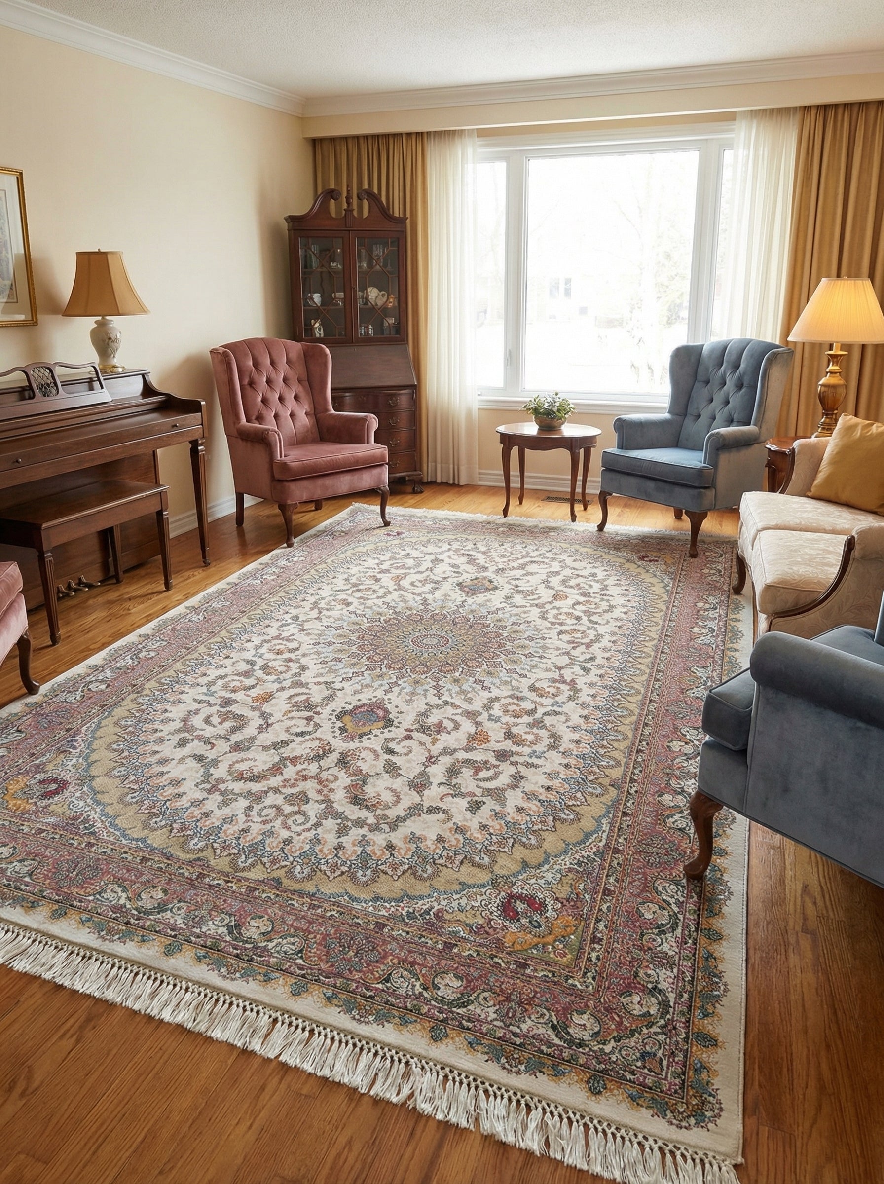 Tapis rectangulaire beige à motifs floraux et médaillon central, bordure bordeaux, détails bleus et dorés, sur parquet dans un salon
