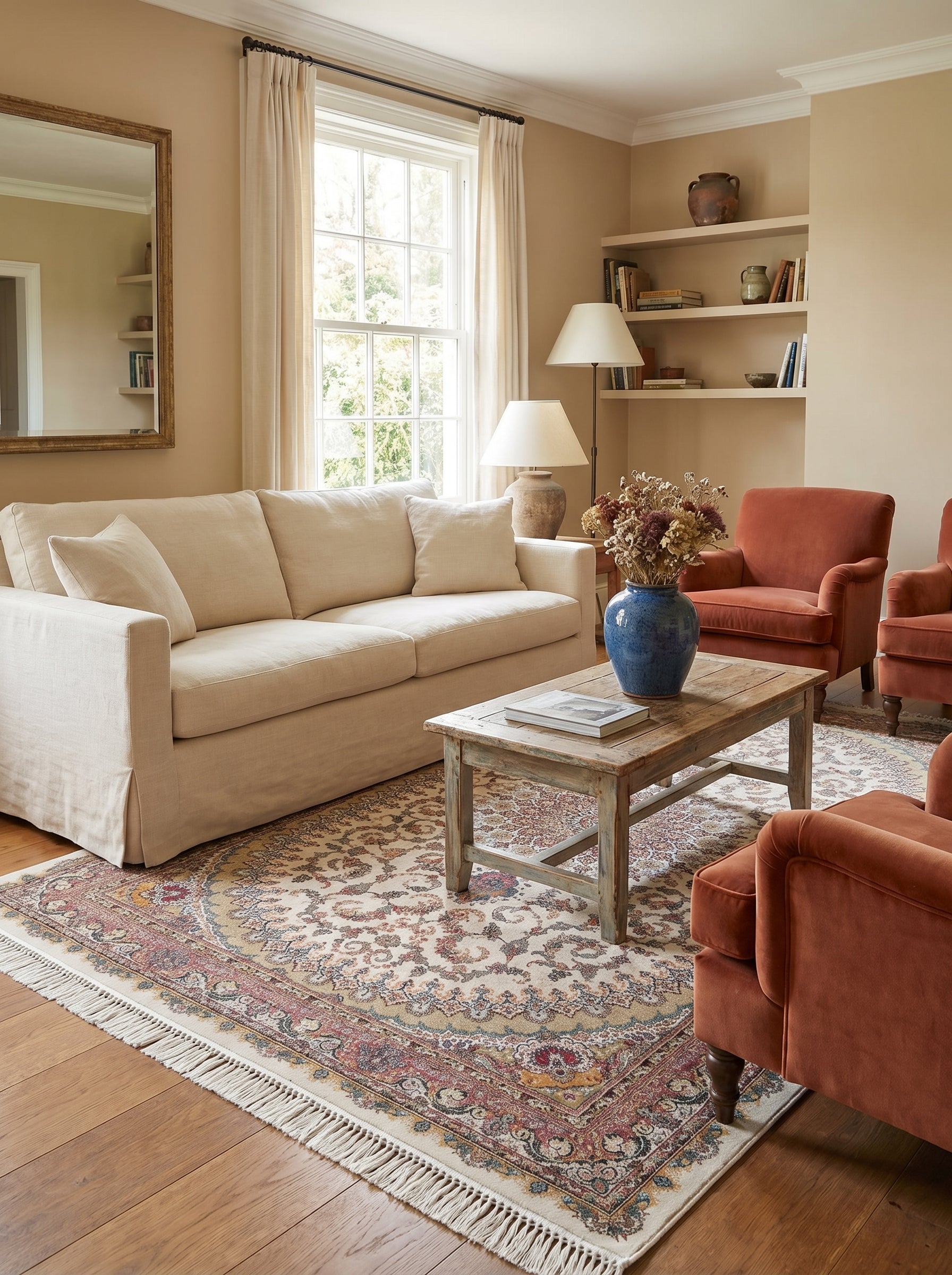 Tapis rectangulaire à fond crème orné de motifs traditionnels rouges, bleus et ocre avec franges, posé dans un salon lumineux
