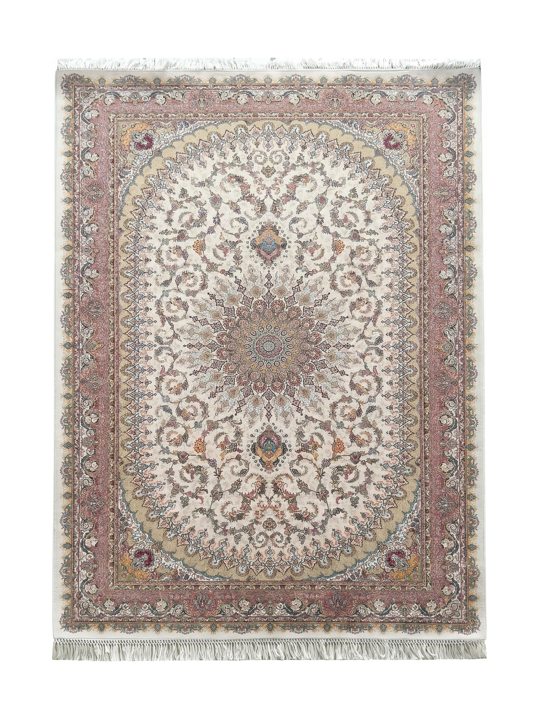 Tapis à motifs traditionnels crème avec un médaillon central fleuri, des bordures colorées et des franges blanches