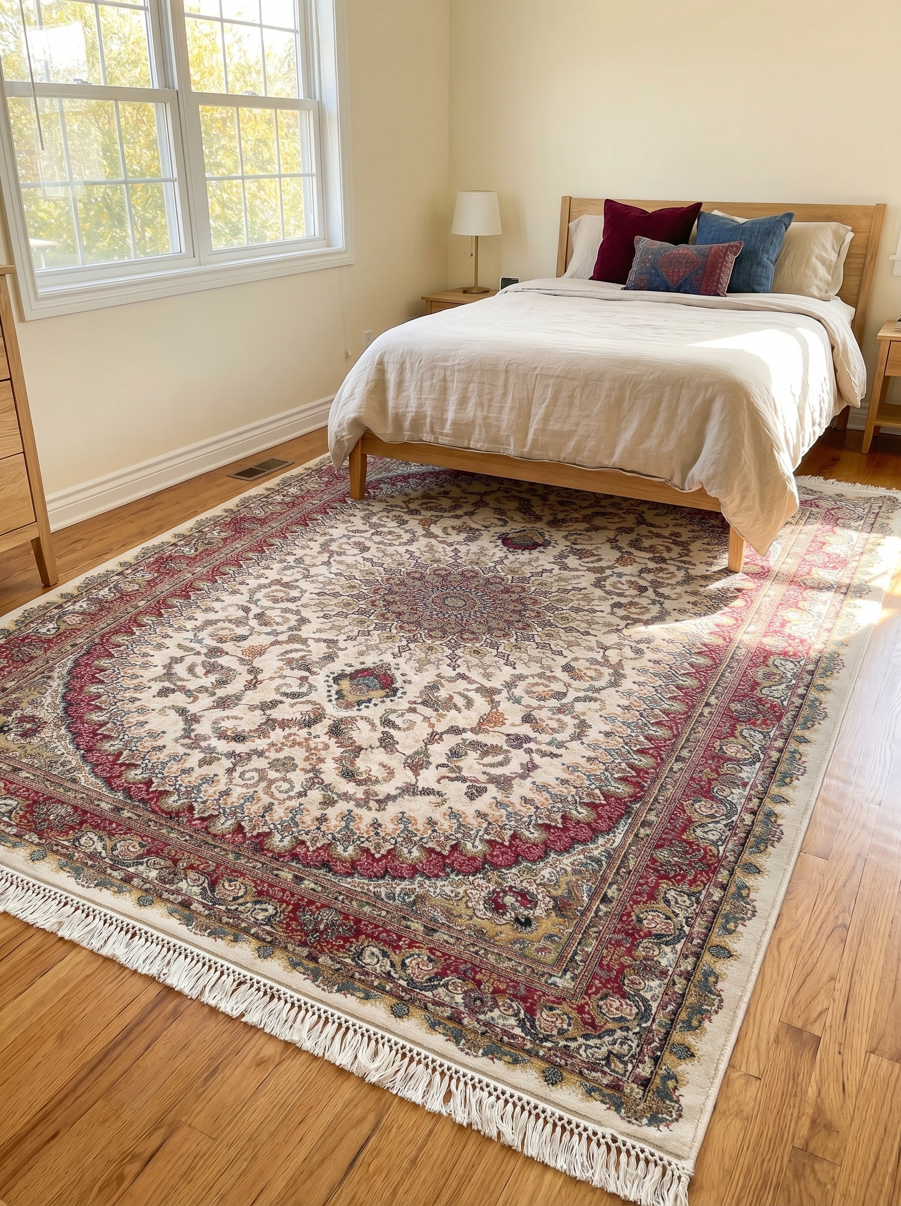 Tapis rectangulaire crème à franges, richement décoré de motifs floraux et arabesques bordeaux, bleus et dorés, dans une chambre