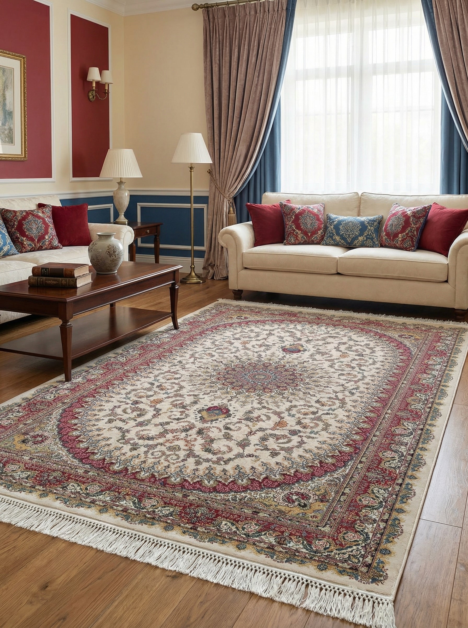Grand tapis crème à motifs floraux et médaillon central rouges, or et bleus, bordé de franges, sur parquet clair d'un salon