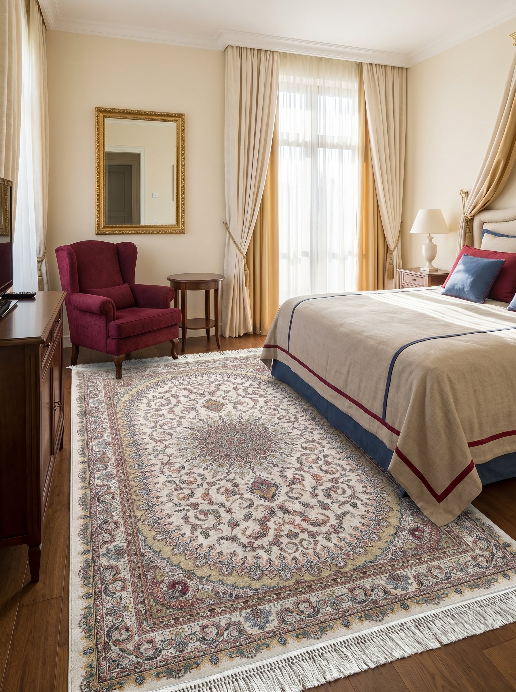 Grand tapis rectangulaire crème à motifs floraux et médaillon central rouges, bleus, verts, avec franges, dans une chambre classique