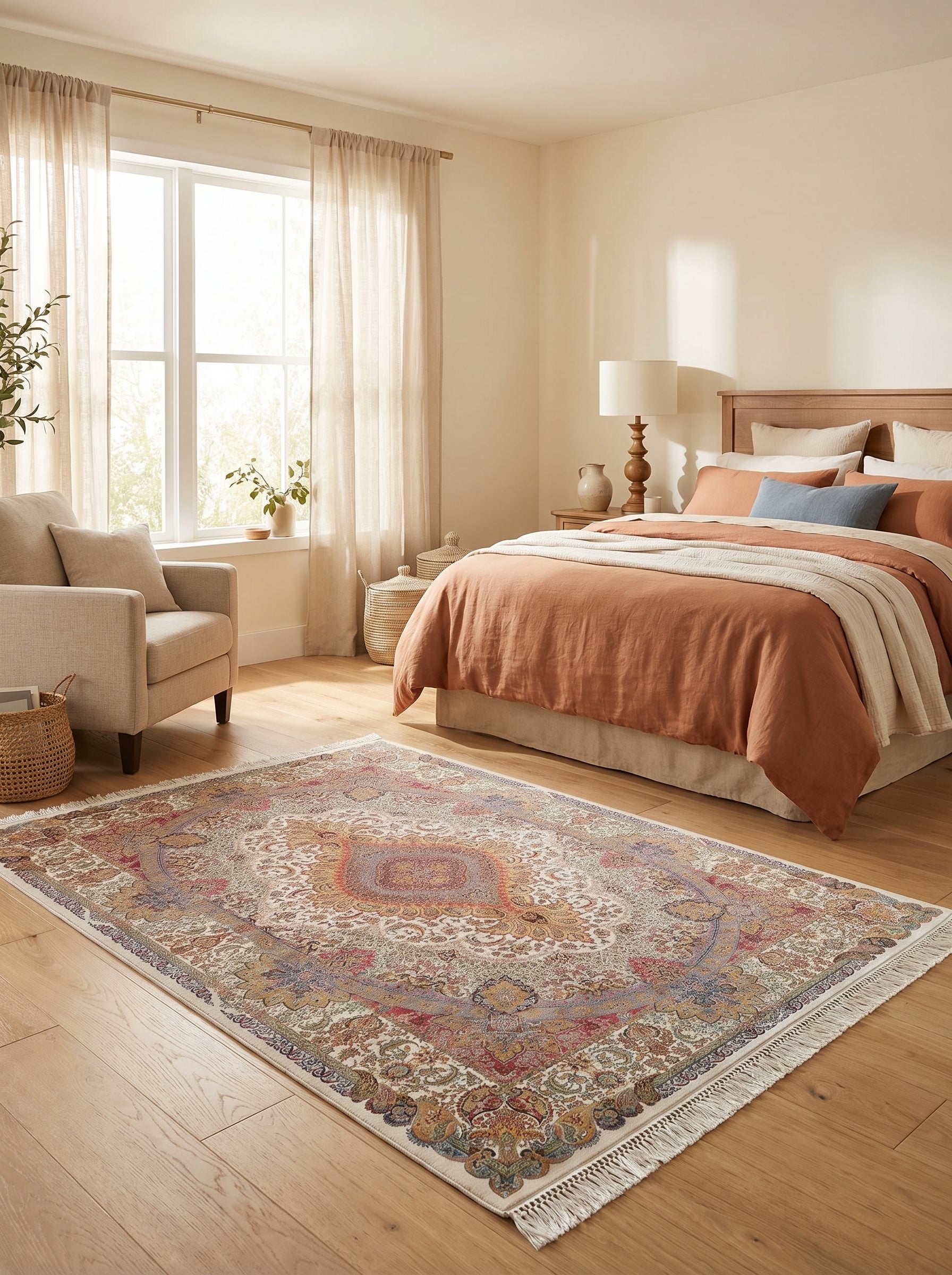 Tapis crème rectangulaire aux motifs floraux et central, teinté de terracotta, bleu et doré, posé sur un parquet d'une chambre