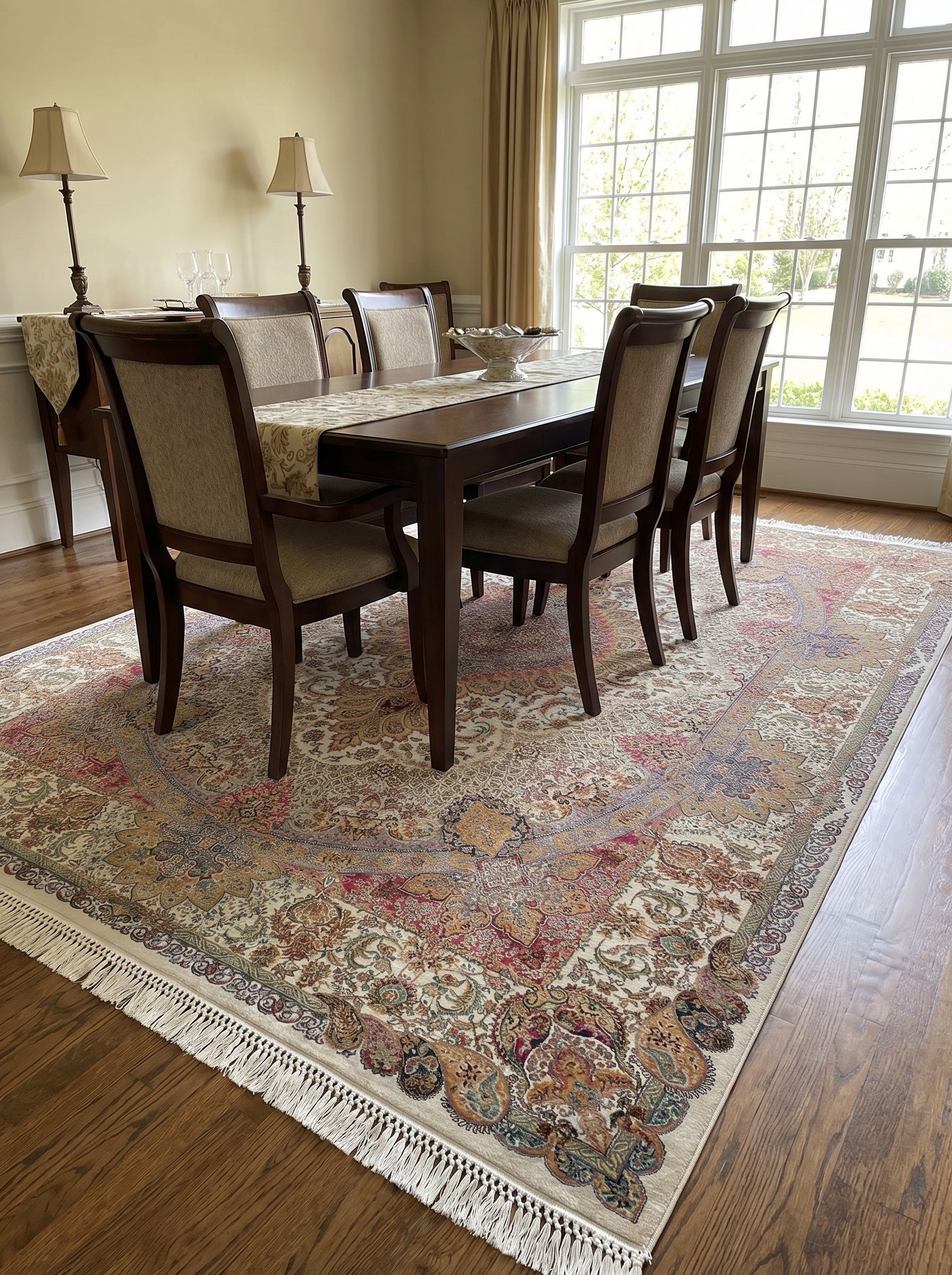 Grand tapis rectangulaire crème à motifs floraux orientaux rouges, or et bleus, avec franges, dans une salle à manger