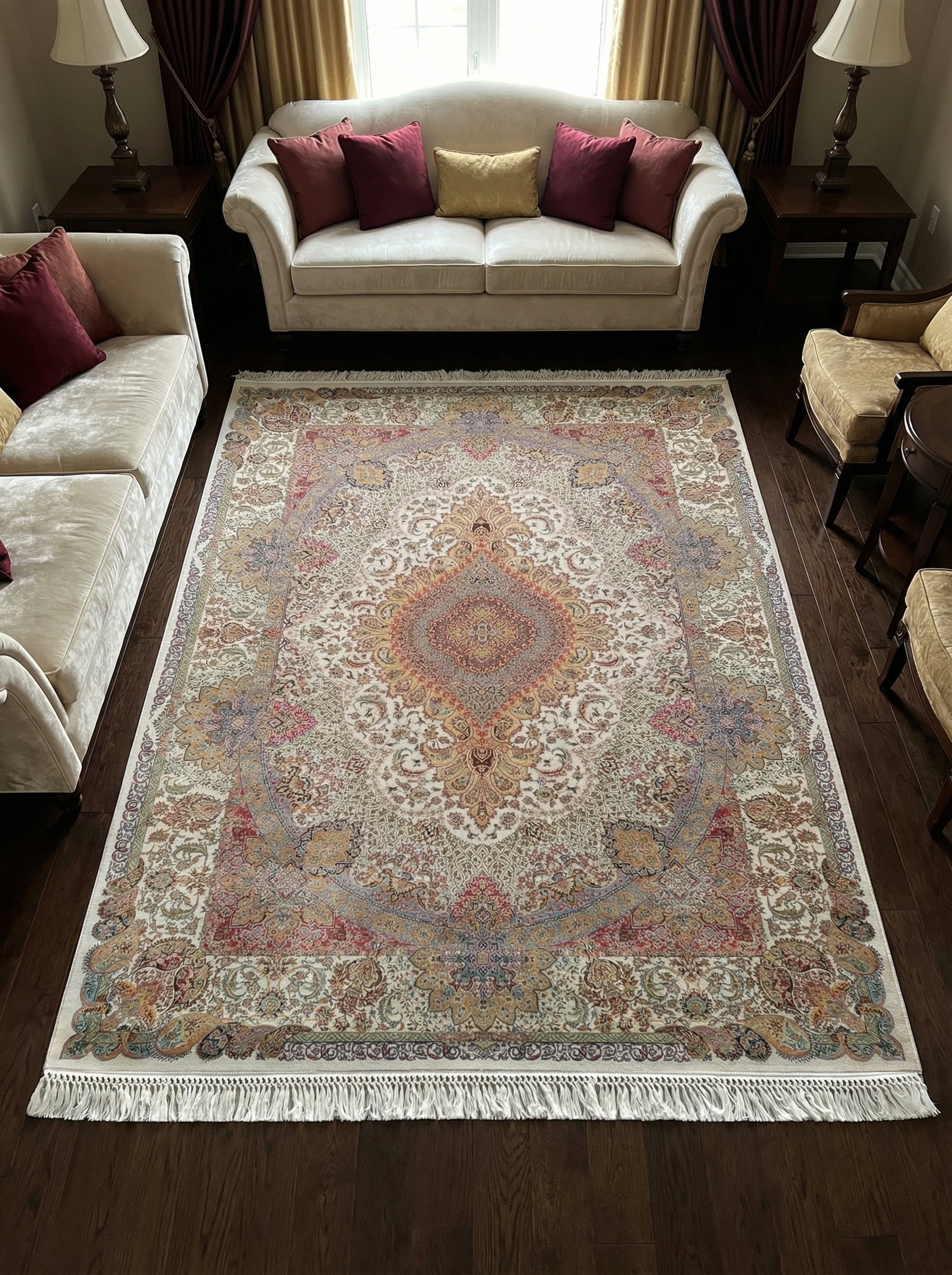 Tapis rectangulaire crème à motifs floraux et médaillon central or, rouge et pastel, avec franges, posé sur un parquet foncé dans un salon