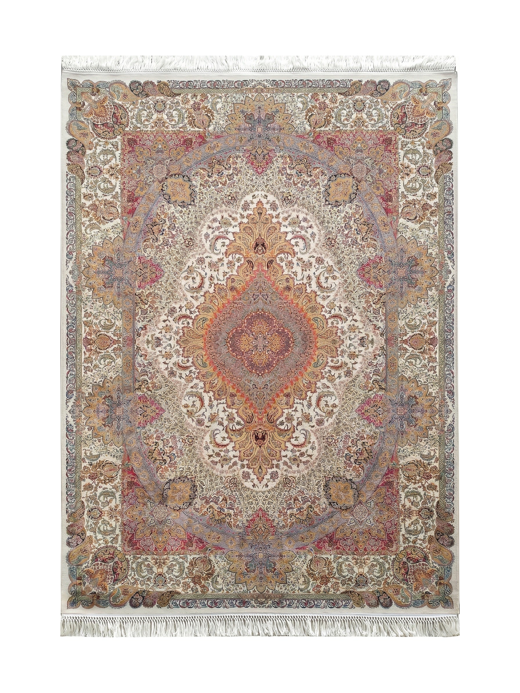 Tapis rectangulaire à motifs floraux et cachemire multicolores sur fond crème avec un médaillon central et des franges