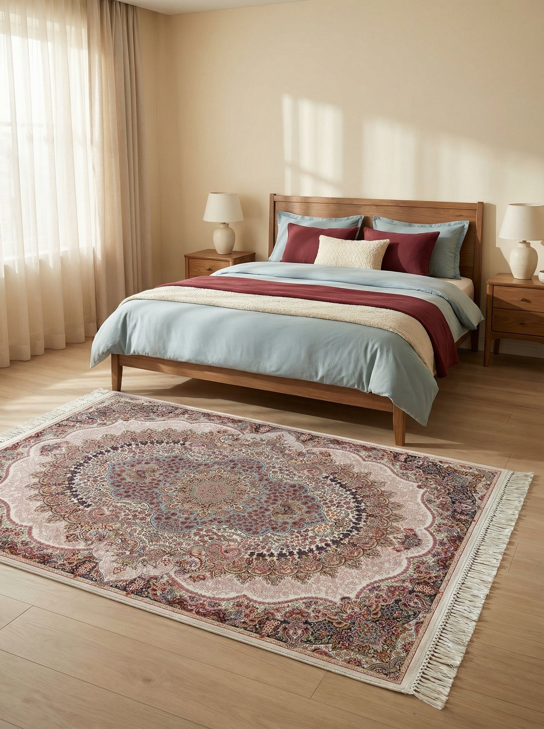Tapis rectangulaire à motifs floraux complexes rose, bordeaux et bleu, avec franges, sur un parquet clair dans une chambre