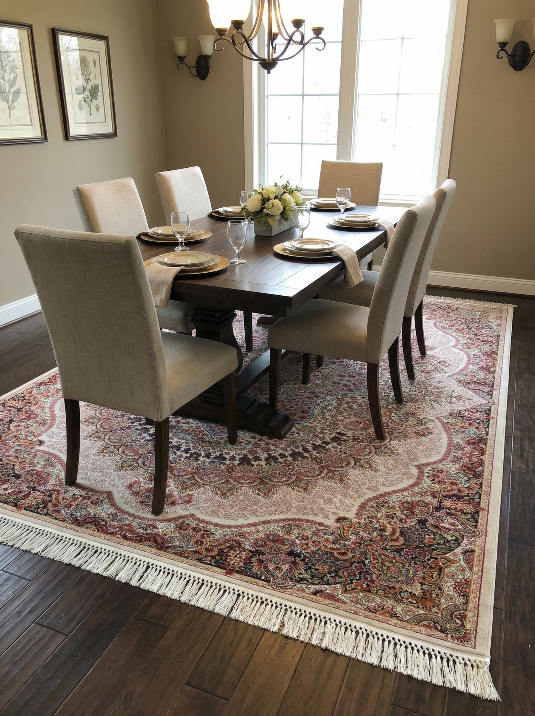 Tapis rectangulaire à motifs floraux complexes et couleurs chaudes (crème, rouge, vert, or), avec franges, dans une salle à manger