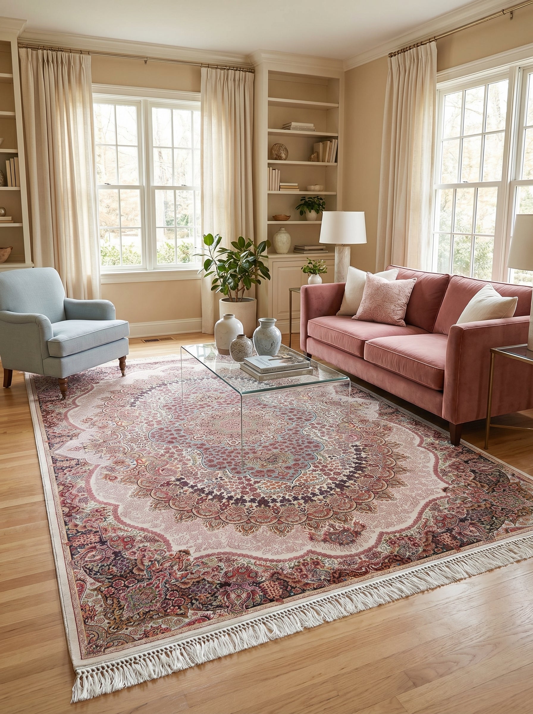 Tapis rectangulaire à médaillon et motifs floraux en rose, bordeaux, or et vert, bordé de franges, dans un salon