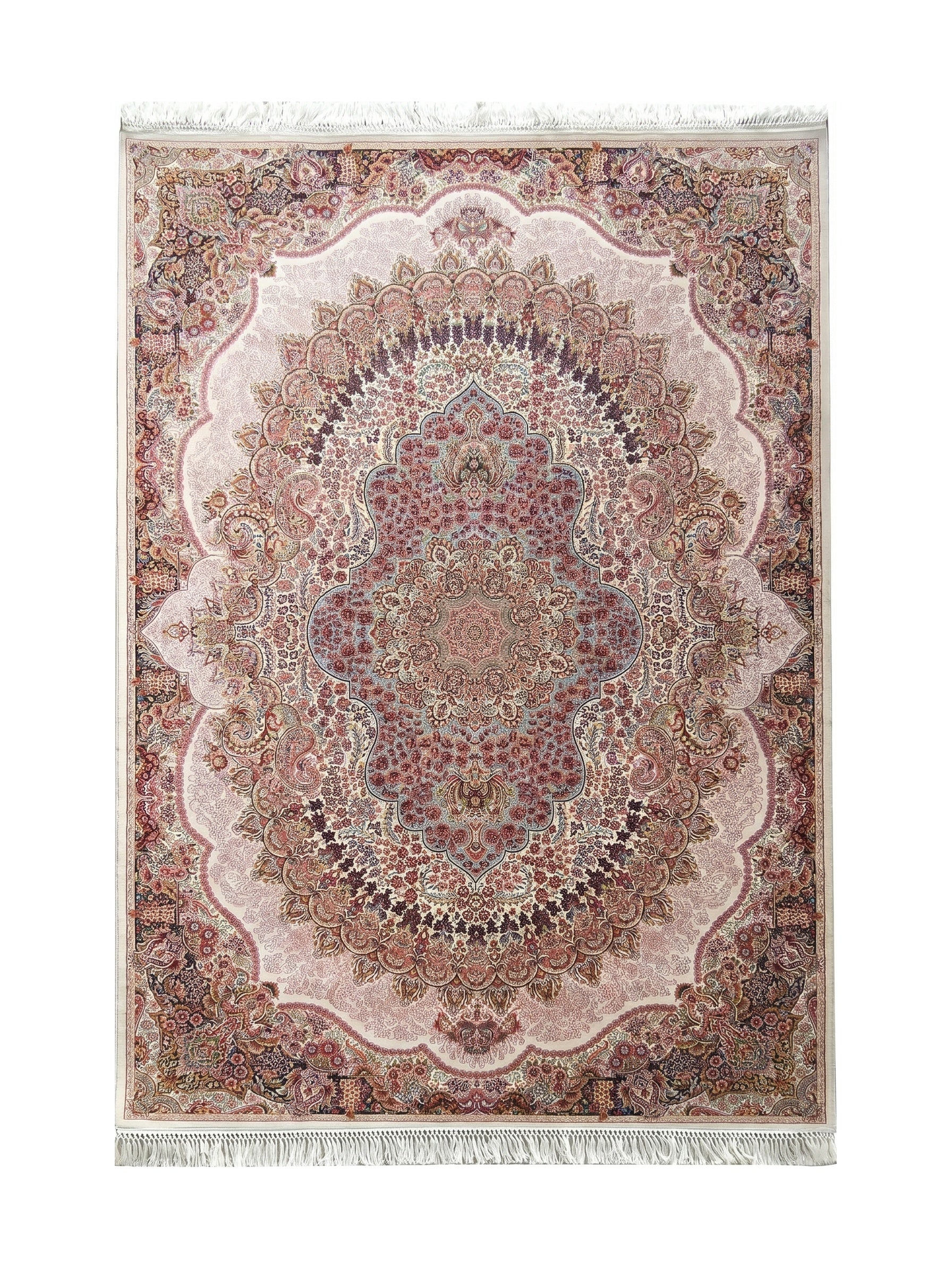 Tapis traditionnel aux motifs floraux et arabesques complexes. Médaillon central coloré sur fond crème clair avec franges