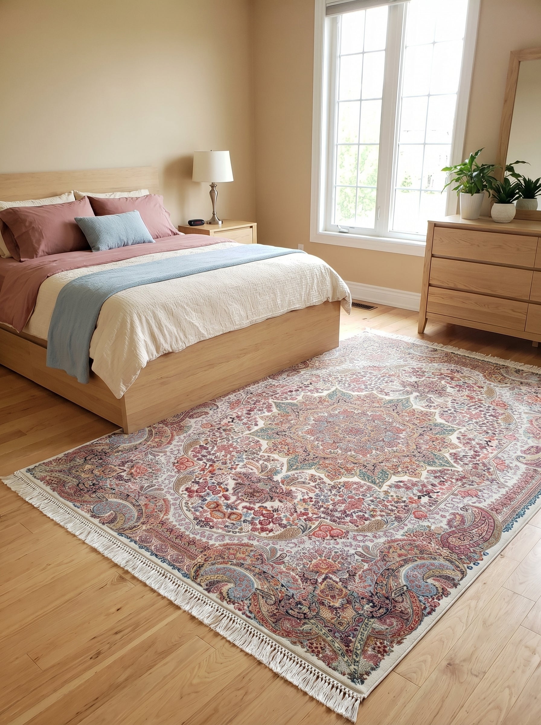 Tapis rectangulaire à motifs floraux et cachemire rouge, orange, bleu et vert sur fond crème, avec franges, dans une chambre au sol en bois clair