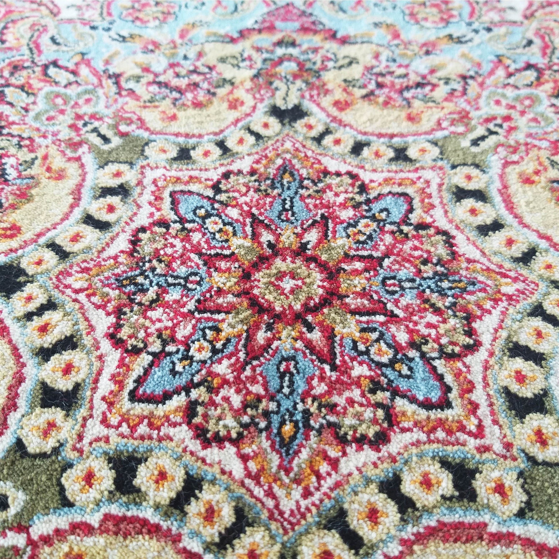 Tapis aux motifs orientaux élaborés, riches en couleurs rouge, bleu, crème, vert et noir