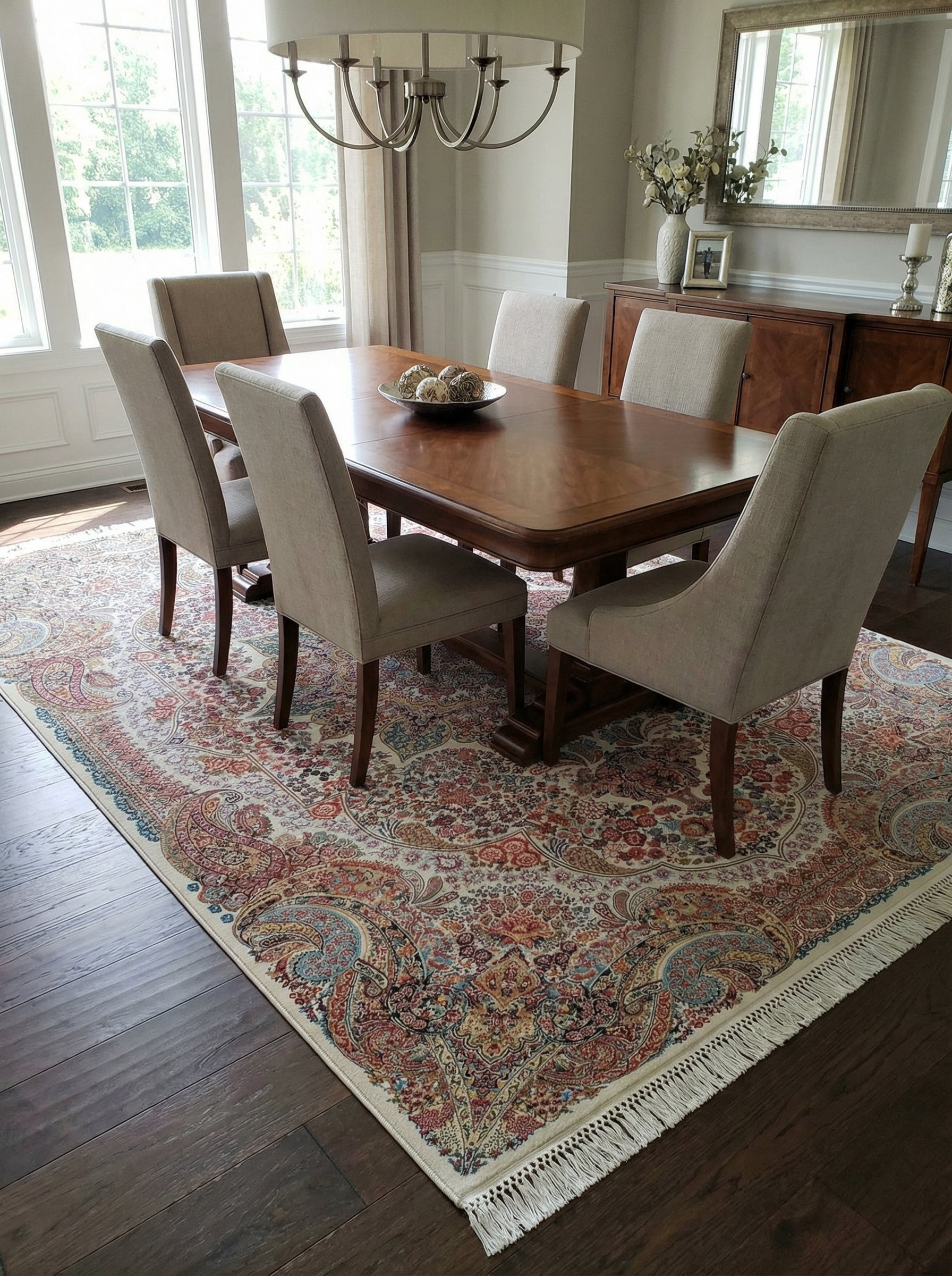 Tapis rectangulaire à motifs persans floraux et cachemire multicolores sur fond crème avec franges dans une salle à manger
