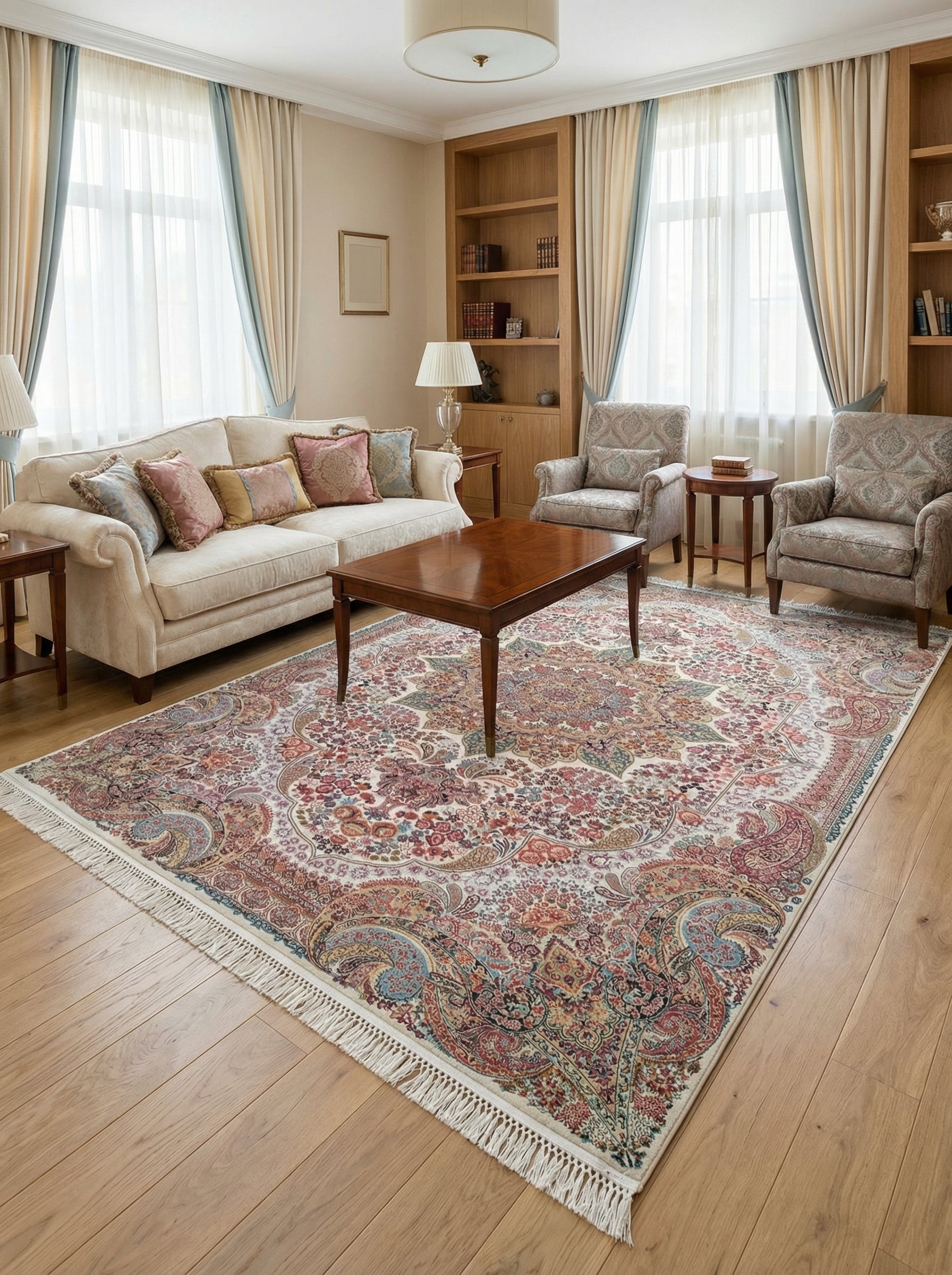 Grand tapis rectangulaire aux motifs floraux et paisley riches, rouge, bleu, vert et or sur fond clair, dans un salon