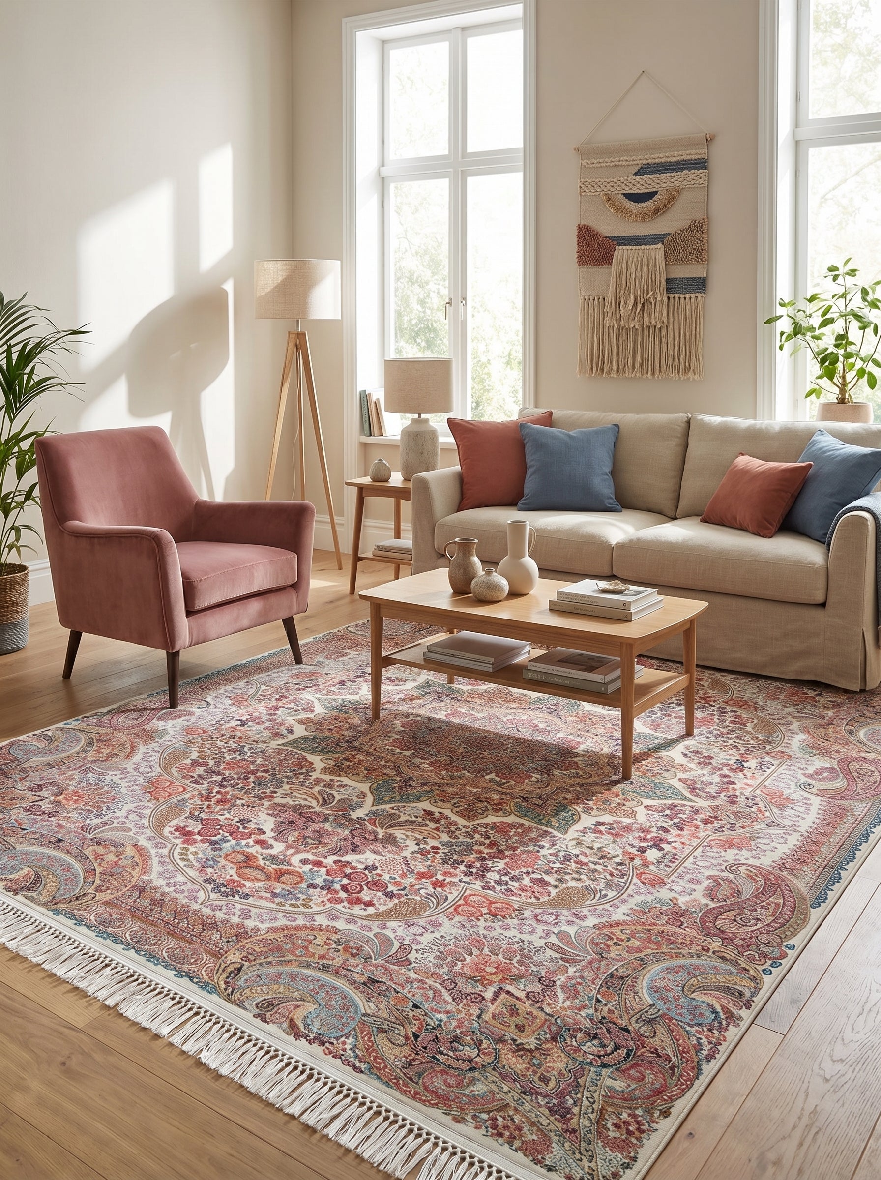 Tapis rectangulaire aux motifs floraux et cachemire multicolores (roses, rouges, bleus, oranges) sur fond crème, avec franges, posé sur parquet dans un salon