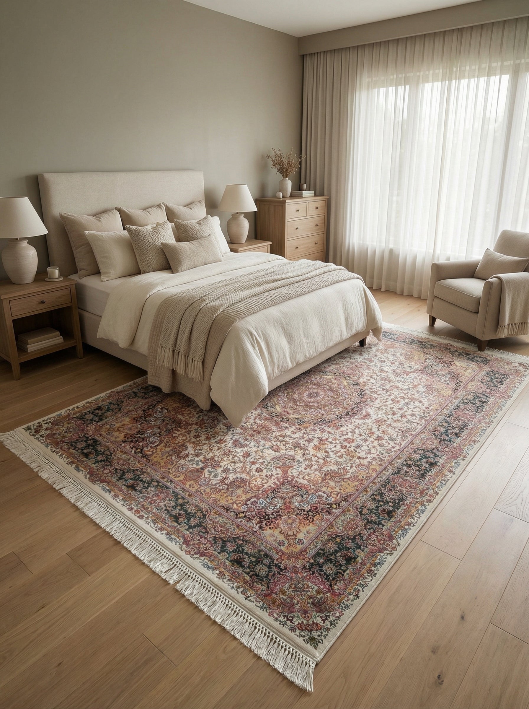 Tapis rectangulaire oriental à franges, motifs floraux crème, rouge, or et vert, au sol d'une chambre lumineuse