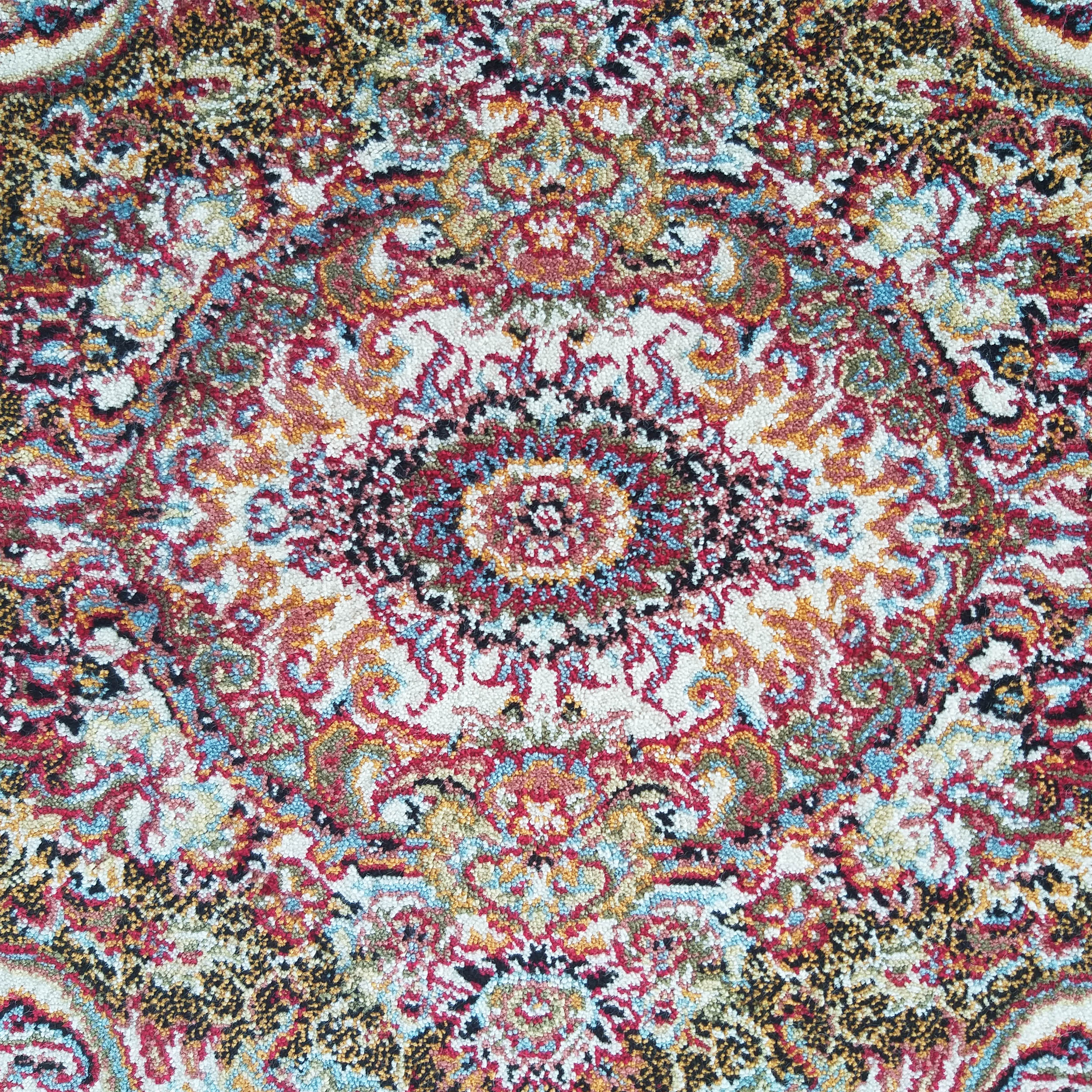 Tapis coloré à poils bouclés avec un motif central ornemental en rouge, crème, bleu, doré et noir