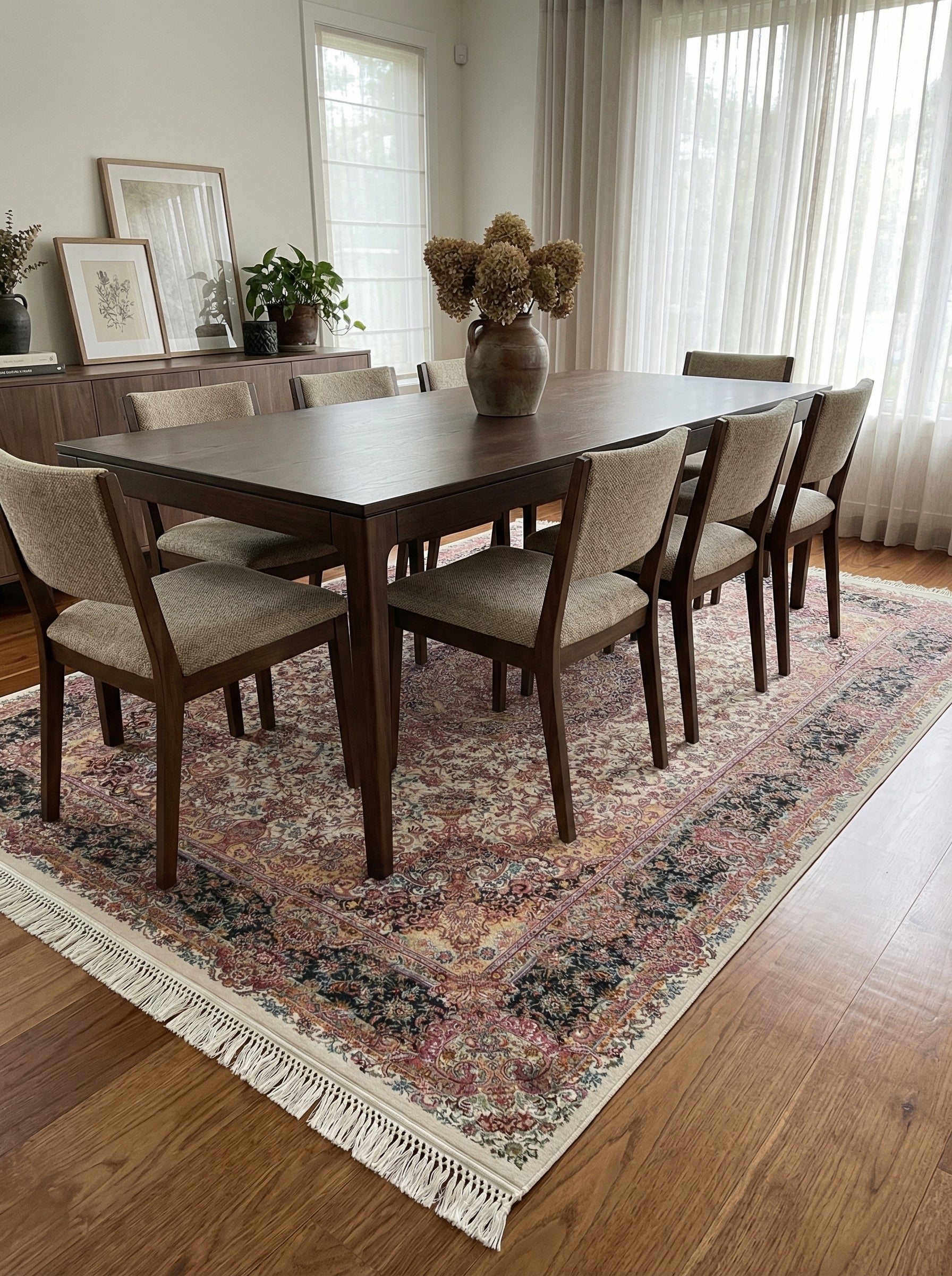 Tapis rectangulaire aux motifs floraux complexes crème, bordeaux, bleu et or, avec franges, dans une salle à manger