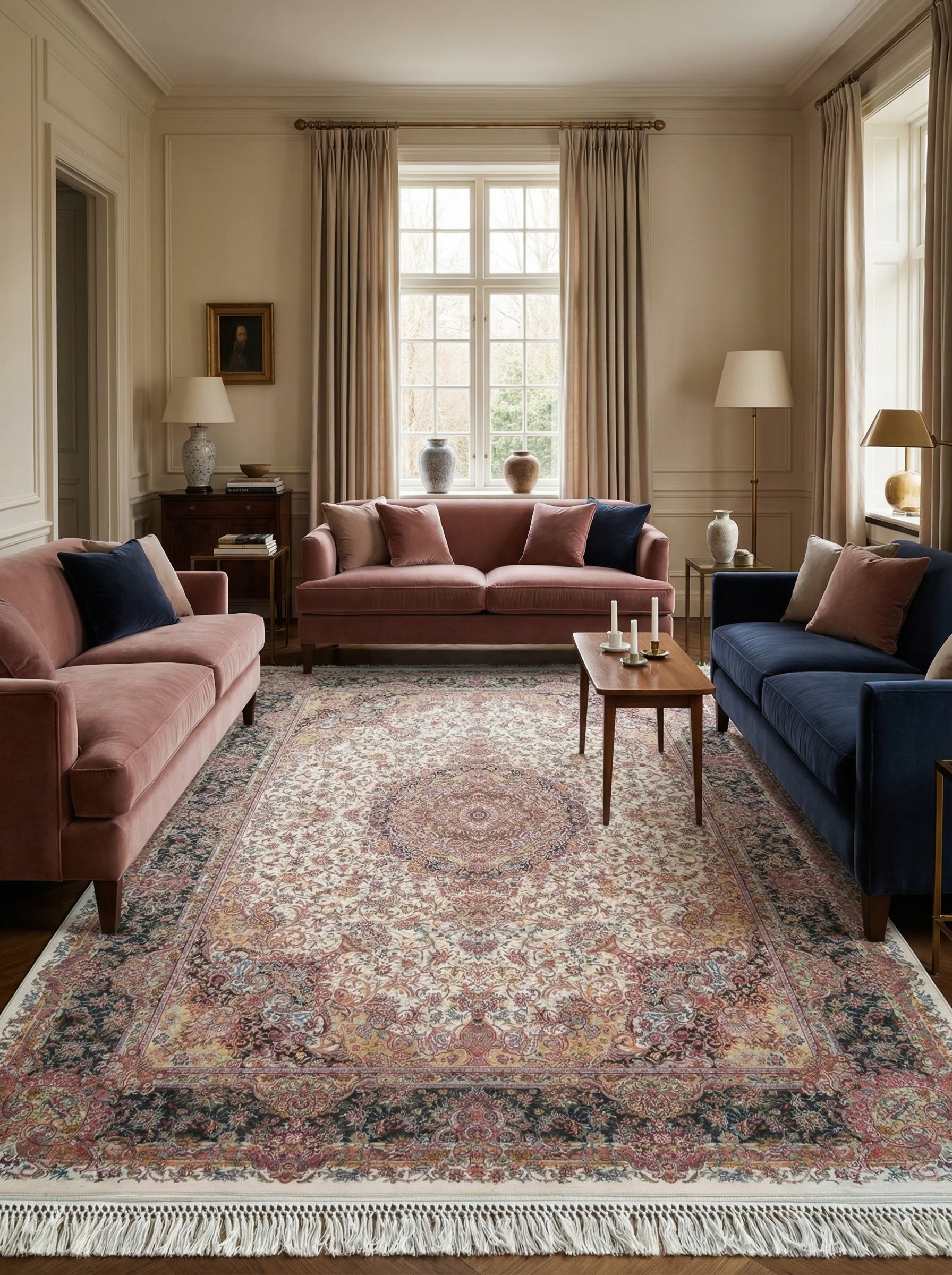 Tapis rectangulaire crème, motifs floraux orientaux et médaillon central rose, or, bleu marine, bordures foncées et franges, dans un salon