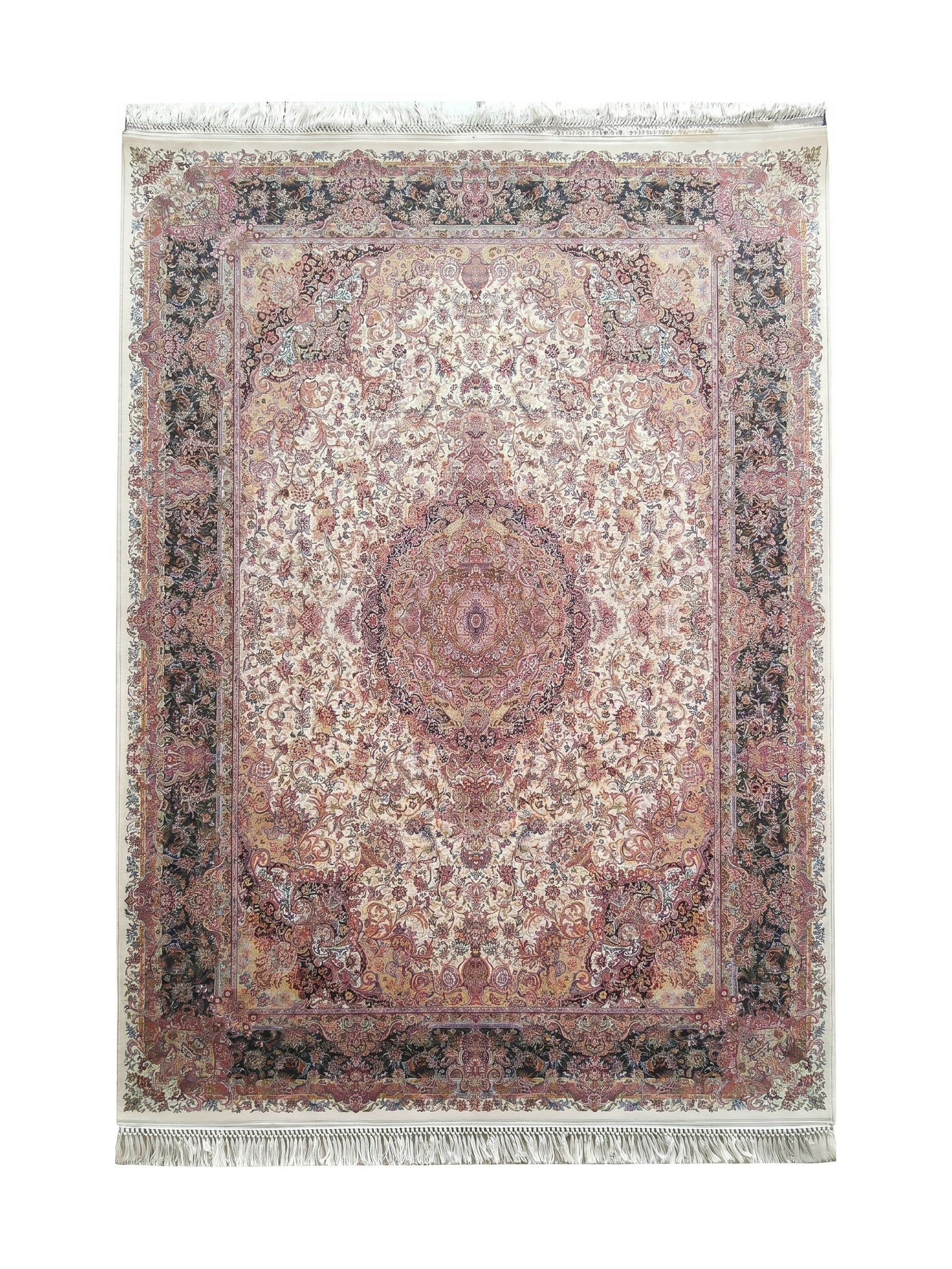 Tapis rectangulaire crème à motifs floraux et médaillon central multicolores, bordures sombres et franges visibles