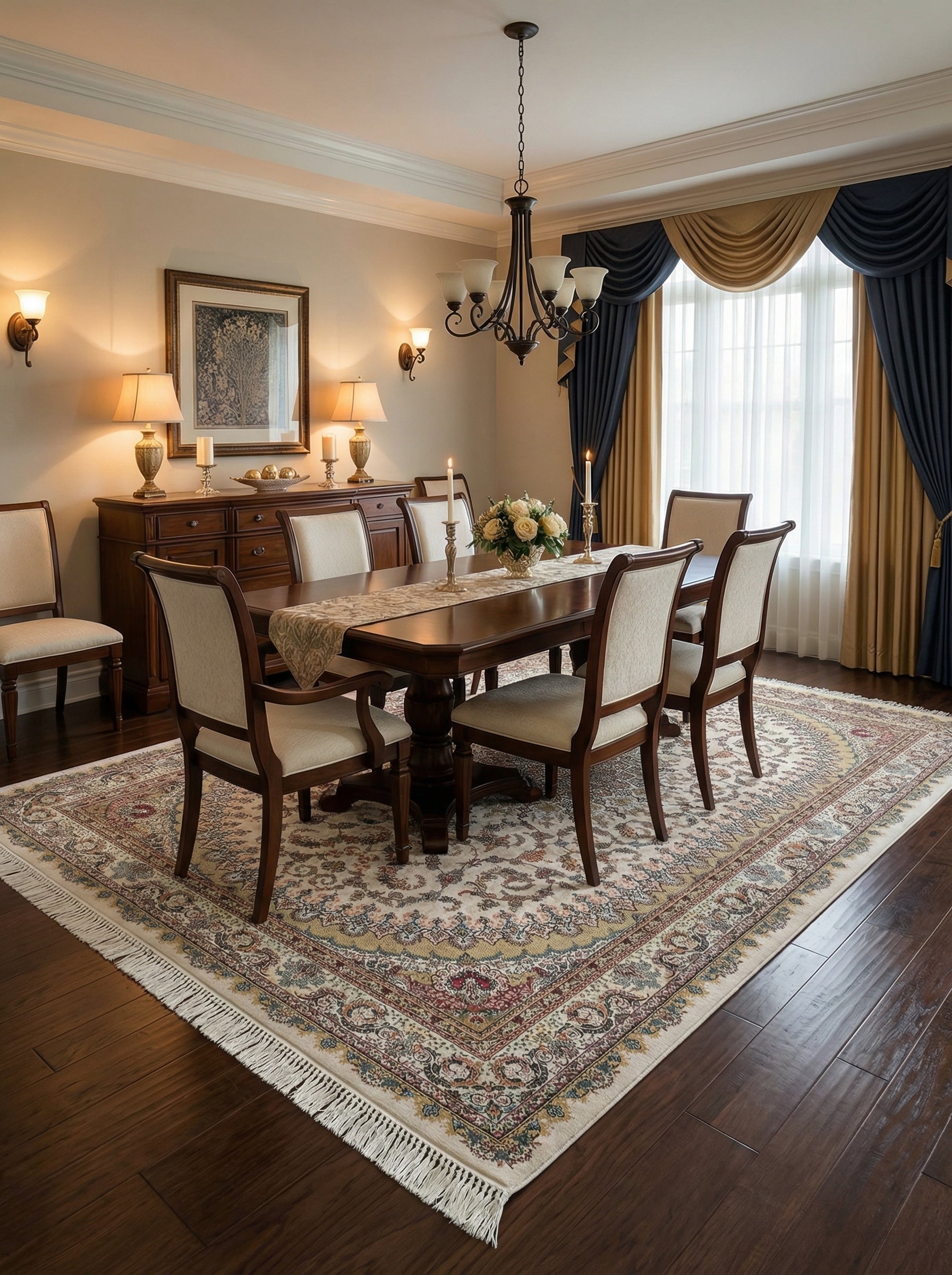 Tapis rectangulaire crème à motifs floraux et arabesques dans des tons or, rouge et bleu, avec franges, dans une élégante salle à manger