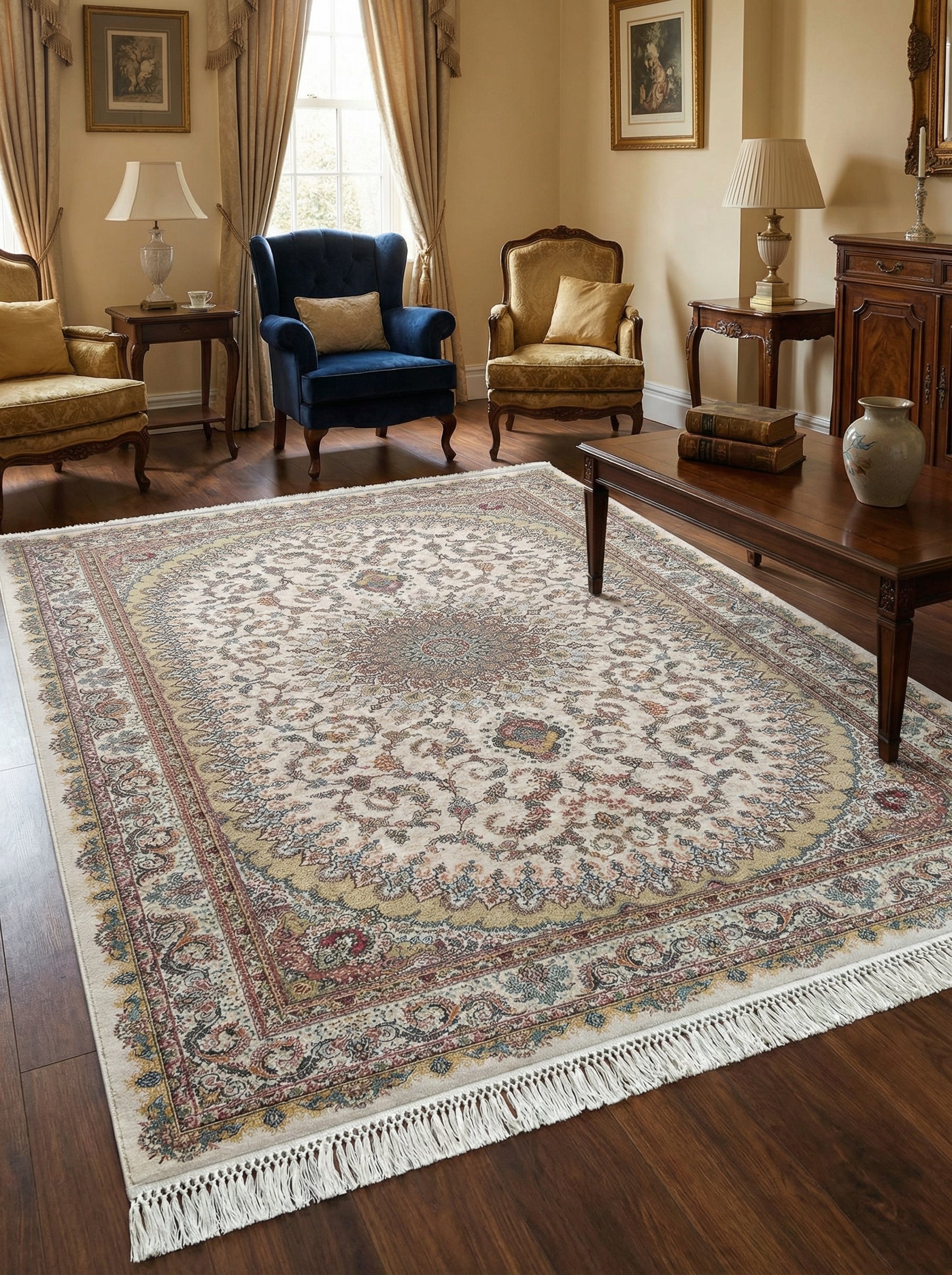 Grand tapis rectangulaire crème, orné de motifs floraux et d'un médaillon central coloré, posé sur un parquet dans un salon