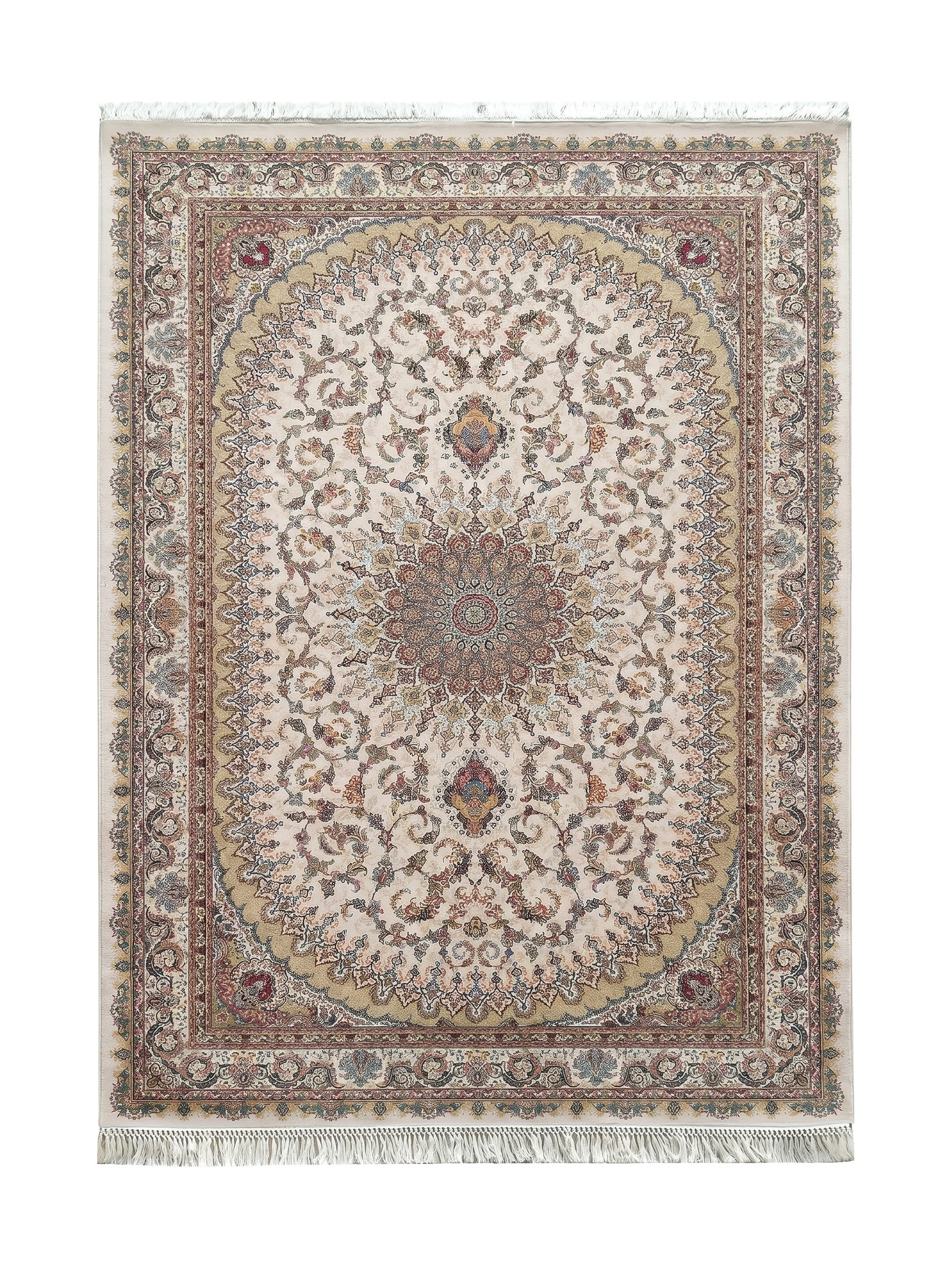 Tapis rectangulaire crème à motifs floraux multicolores, avec un grand médaillon central et des franges