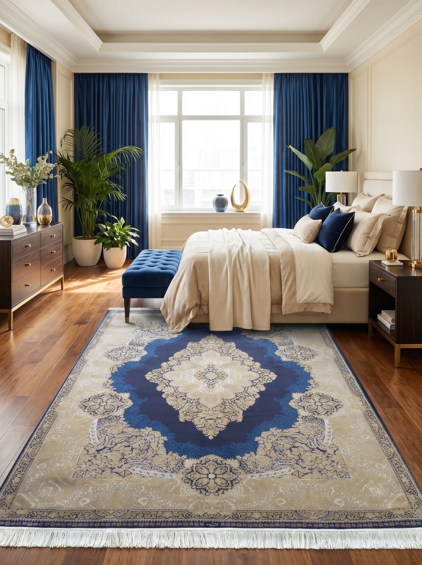 Tapis rectangulaire bleu marine et beige avec un motif floral central orné, franges claires, posé sur un parquet dans une chambre élégante